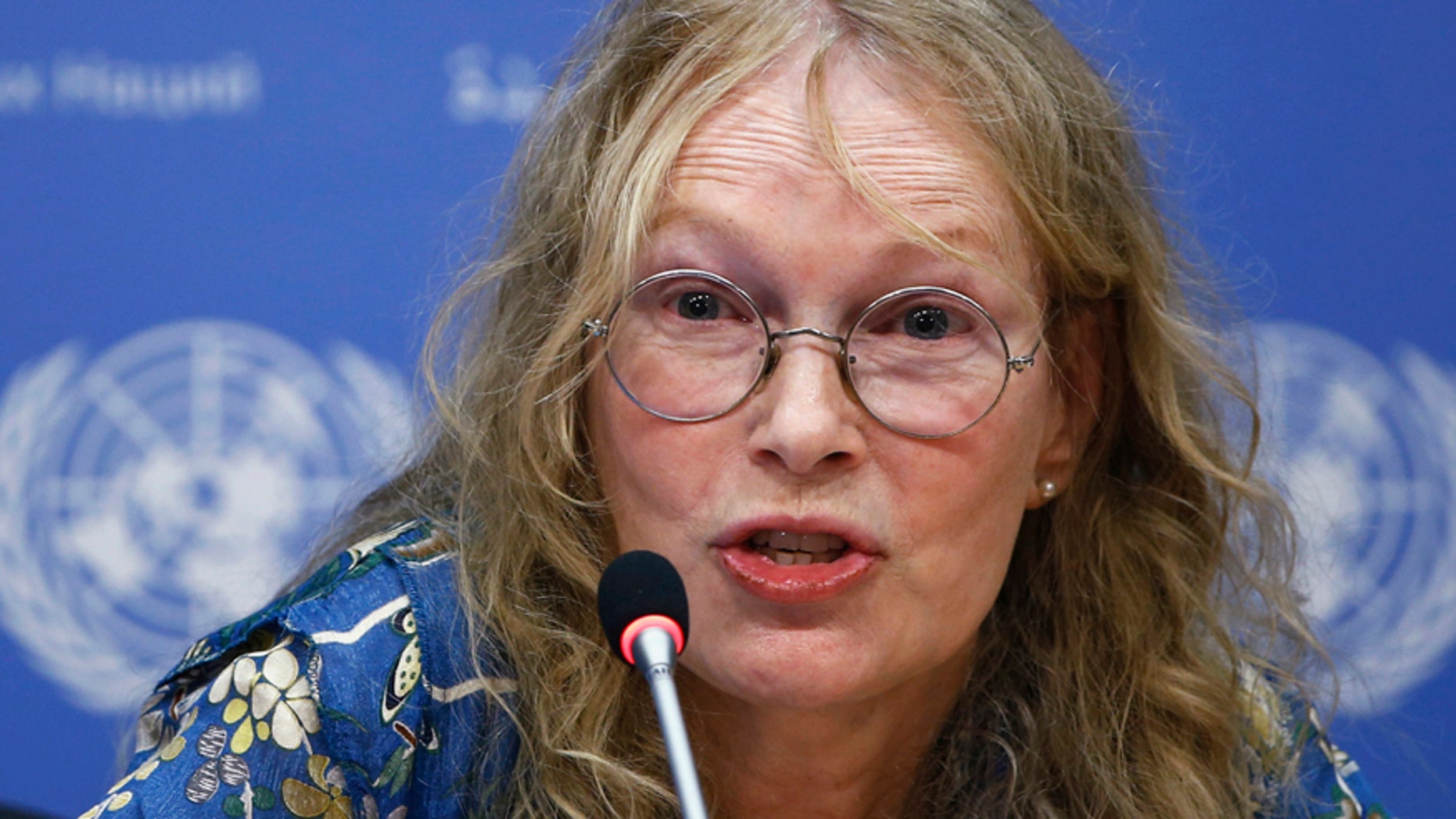 U.S. actress and UNICEF Goodwill Ambassador Mia Farrow speaks to the media about her visit to the Central African Republic at the United Nations headquarters in New York, July 22, 2014.