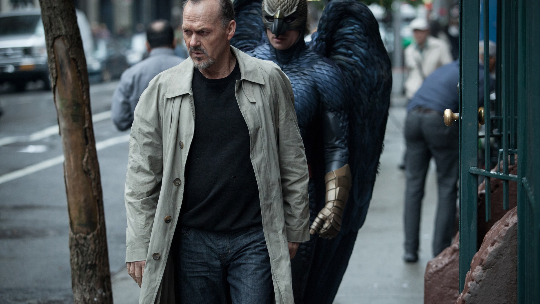 Michael Keaton, left, as Riggan in a scene from the film, "Birdman."