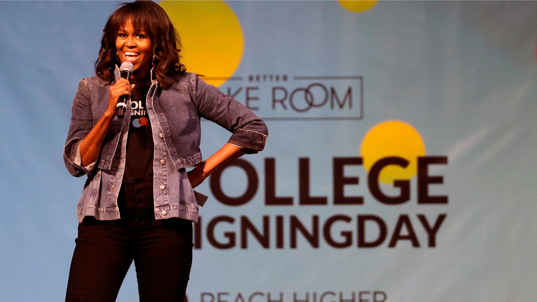 Former first lady Michelle Obama speaks at College Signing Day in Philadelphia last week.
