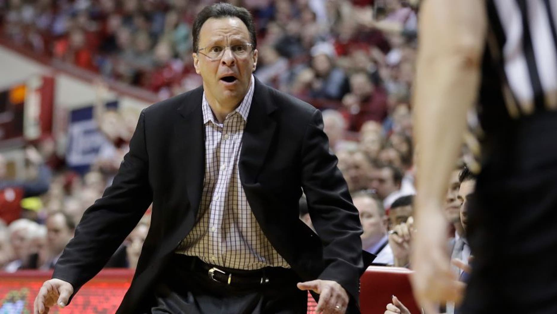 Indiana head coach Tom Crean reacts to a charging foul by Indiana's Robert Johnson during the second half of an NCAA college basketball game against Michigan, Sunday, Feb. 12, 2017, in Bloomington, Ind. (AP Photo/Darron Cummings)