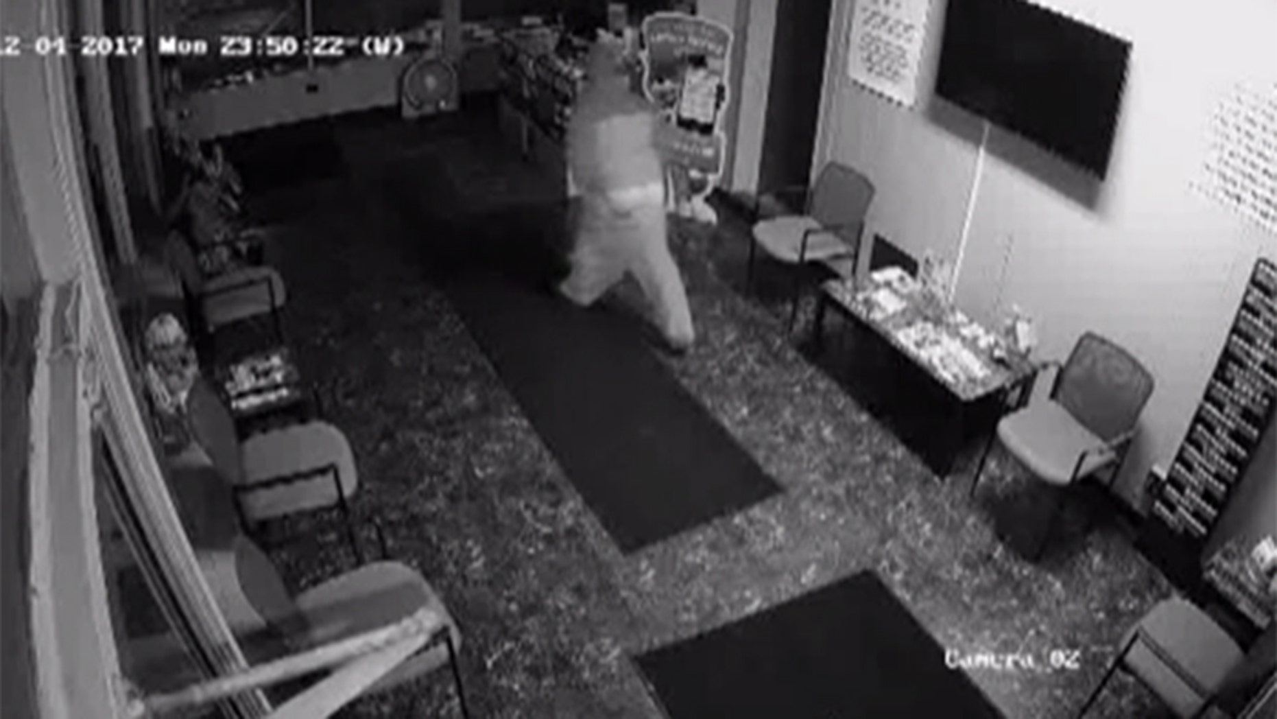 Dec. 4, 2017: A burglar pulls up his pants after tripping and falling at an auto body shop in Waterford Township, Mich.