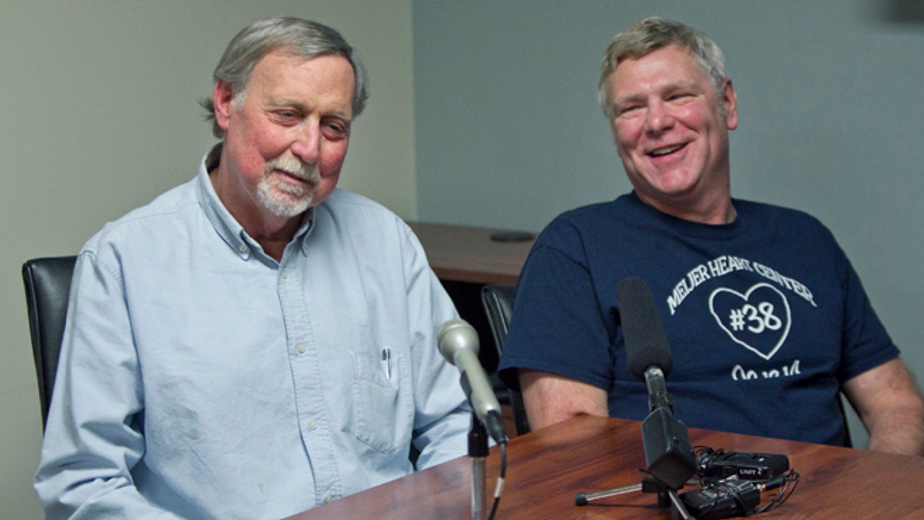 March 9, 2015: Friends Gordon Veldman, 67, left, and Fred Nelis, 60, talk about receiving organ transplants from the same donor in Grand Rapids.
