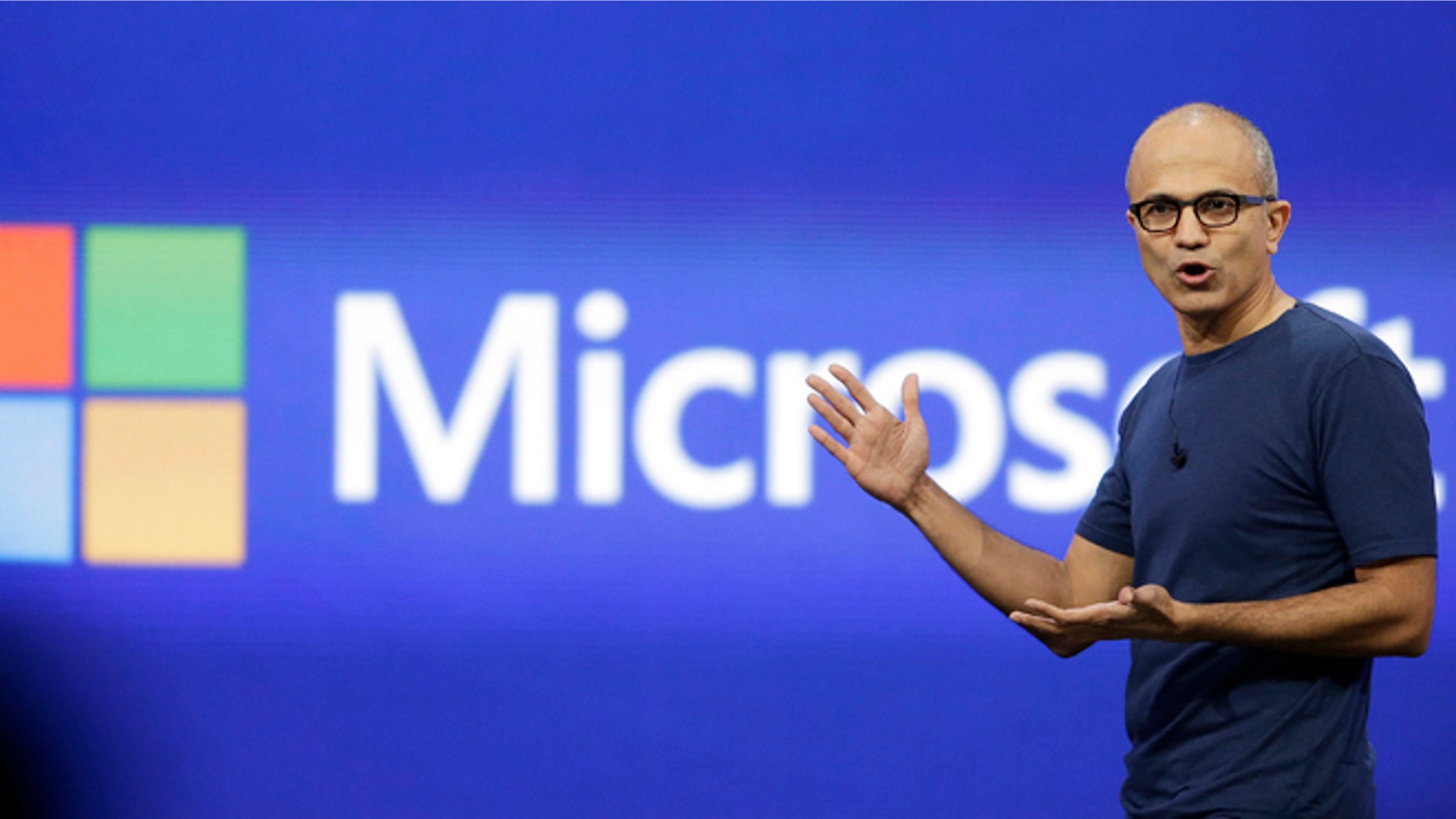 April 2, 2014: Microsoft CEO Satya Nadella gestures during the keynote address of the Build Conference in San Francisco.