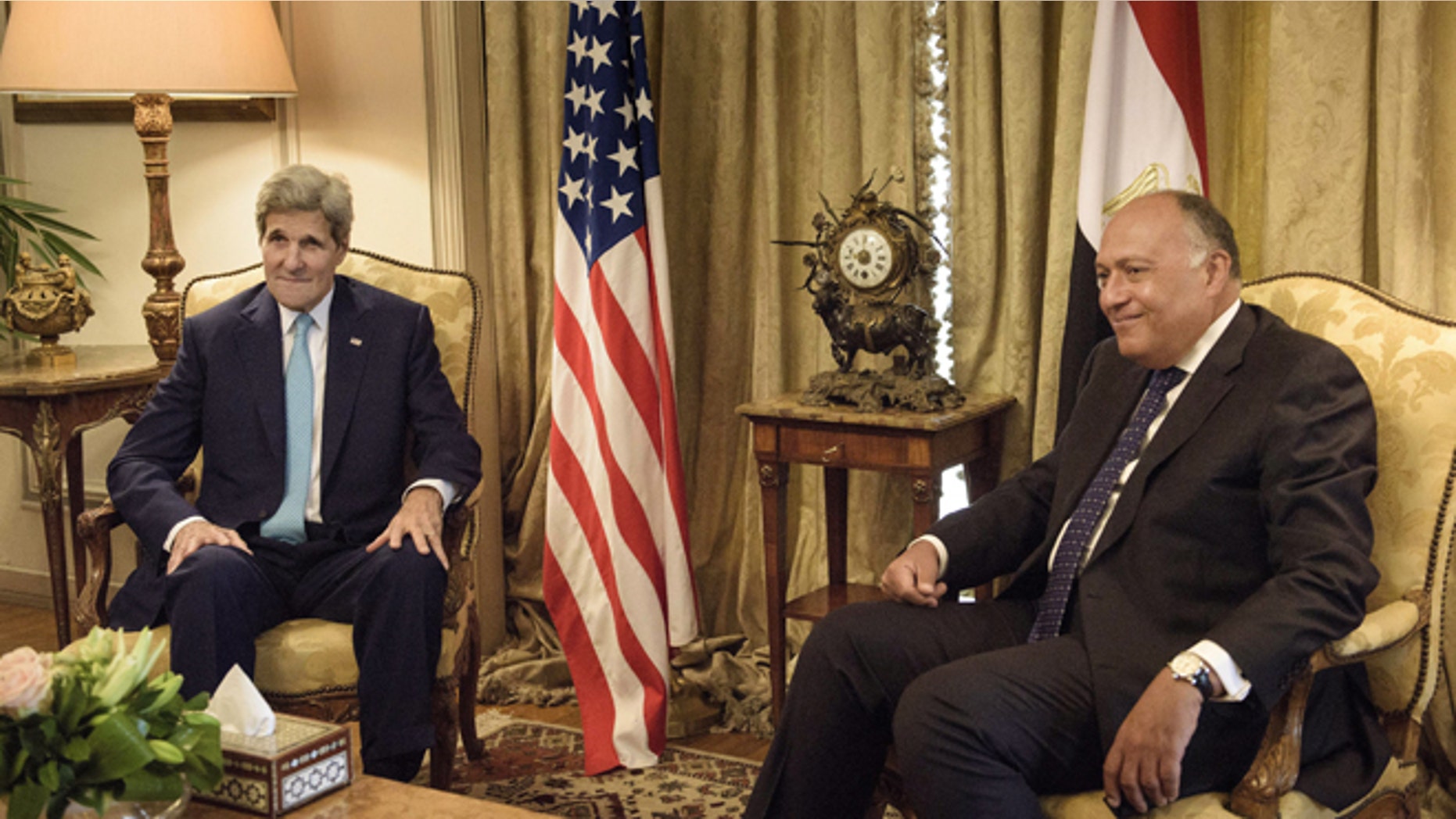 Aug. 2, 2015: U.S. Secretary of State John Kerry, left, speaks with Egypt's Foreign Minister Sameh Shoukry, before a meeting at the Ministry of Foreign Affairs in Cairo, Egypt.