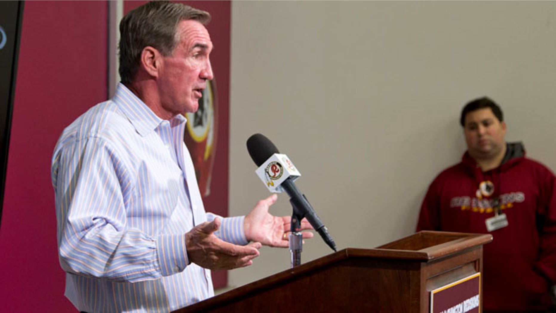 Dec. 30, 2013: Former Washington Redskins head coach Mike Shanahan delivers a statement at an NFL football news conference in Ashburn, Va., after being fired.