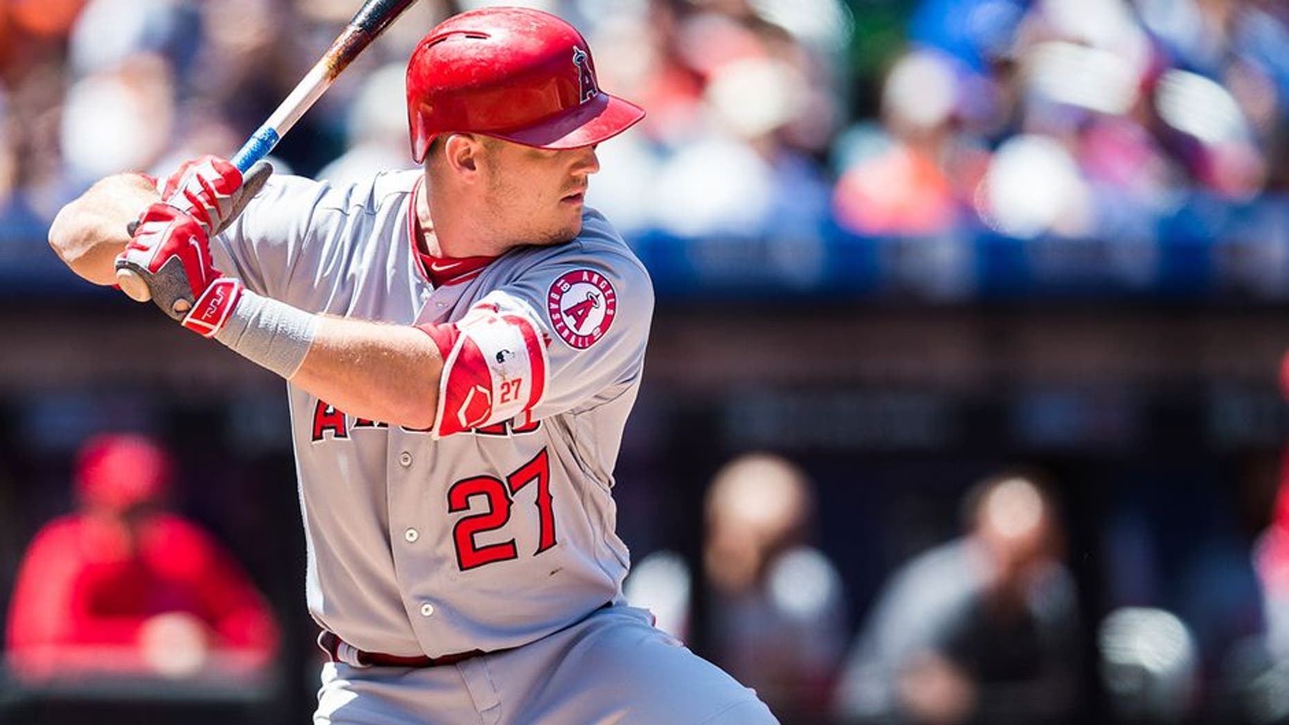 NEW YORK - MAY 21: Mike Trout #27 of the Los Angeles Angels bats during the game New York Mets at Citi Field on May 21, 2017 in the Queens borough of New York City. (Photo by Rob Tringali/SportsChrome/Getty Images) "n