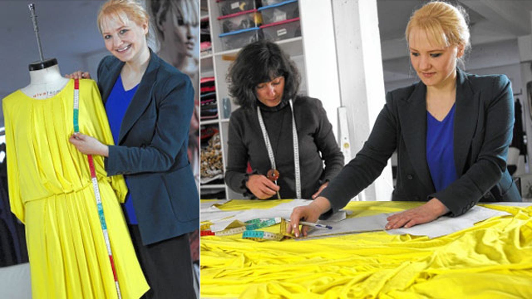 Designer Anke Domaske (left and right) and seamstress Tatjana Berthold (center) work at their studio in Hannover, Germany.