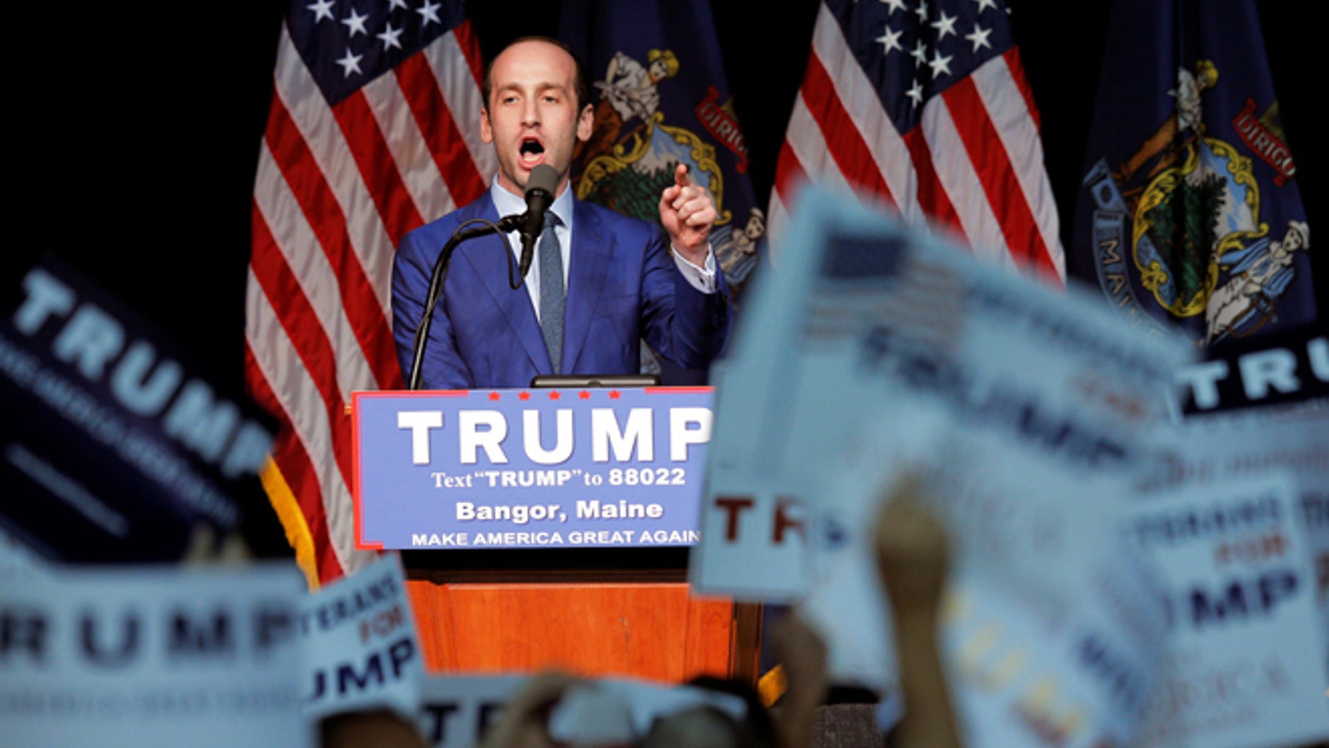Stephen Miller, a senior policy and immigration advisor for U.S. Republican presidential candidate Donald Trump, speaks at a campaign rally in Bangor, Maine, June 29, 2016. REUTERS/Brian Snyder - RTX2IXXG