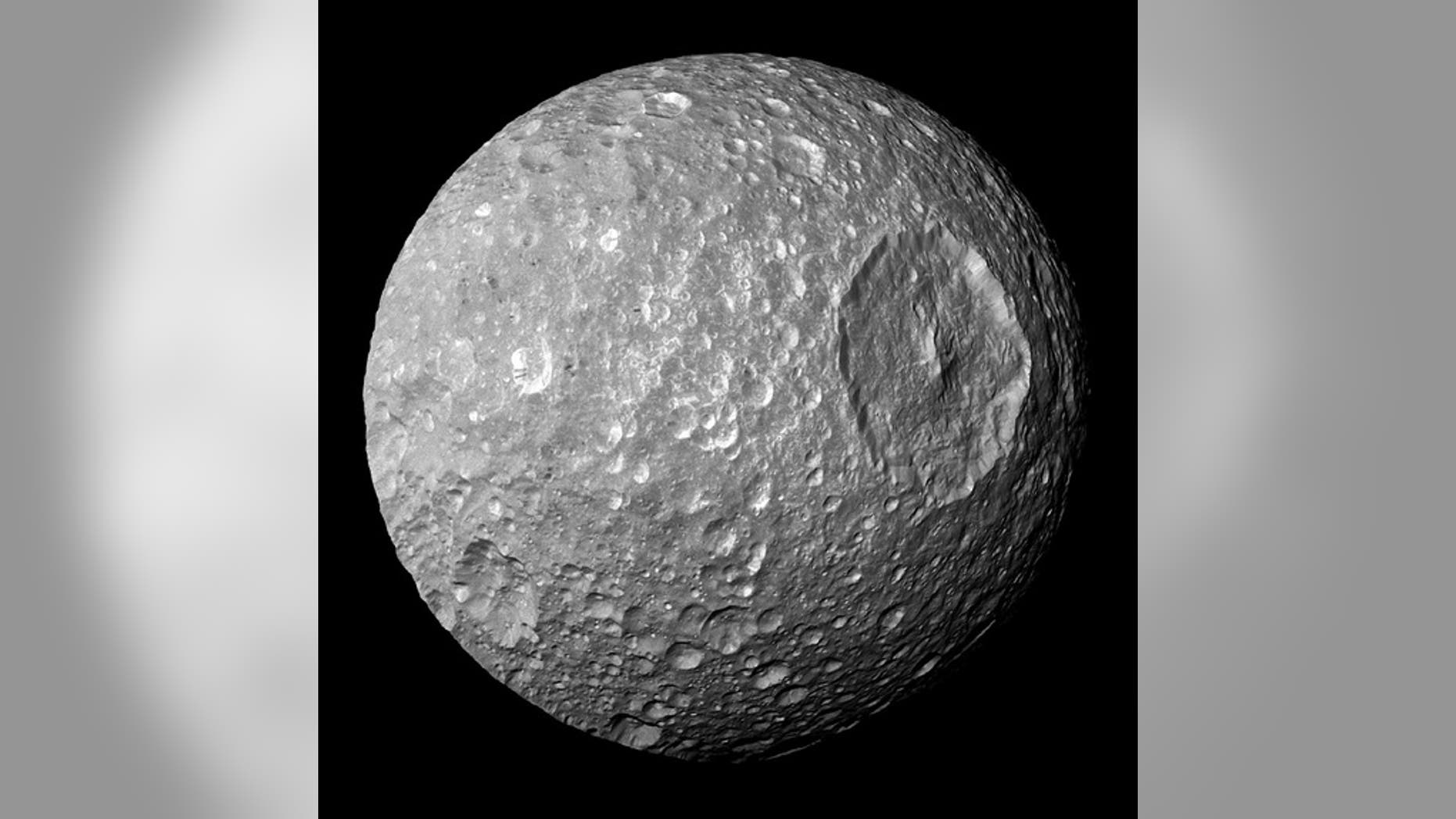 A photo of Saturn's moon Mimas.