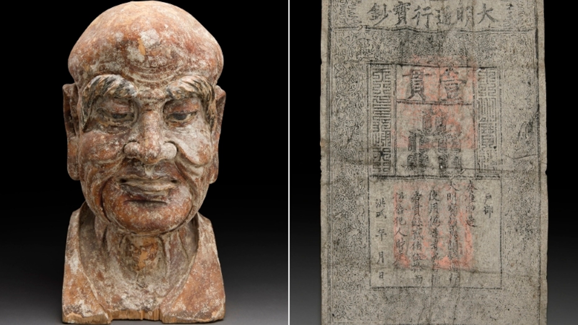 The rare Ming Dynasty paper banknote was hidden in the wooden sculpture of a Chinese religious figure more than 600 years ago.