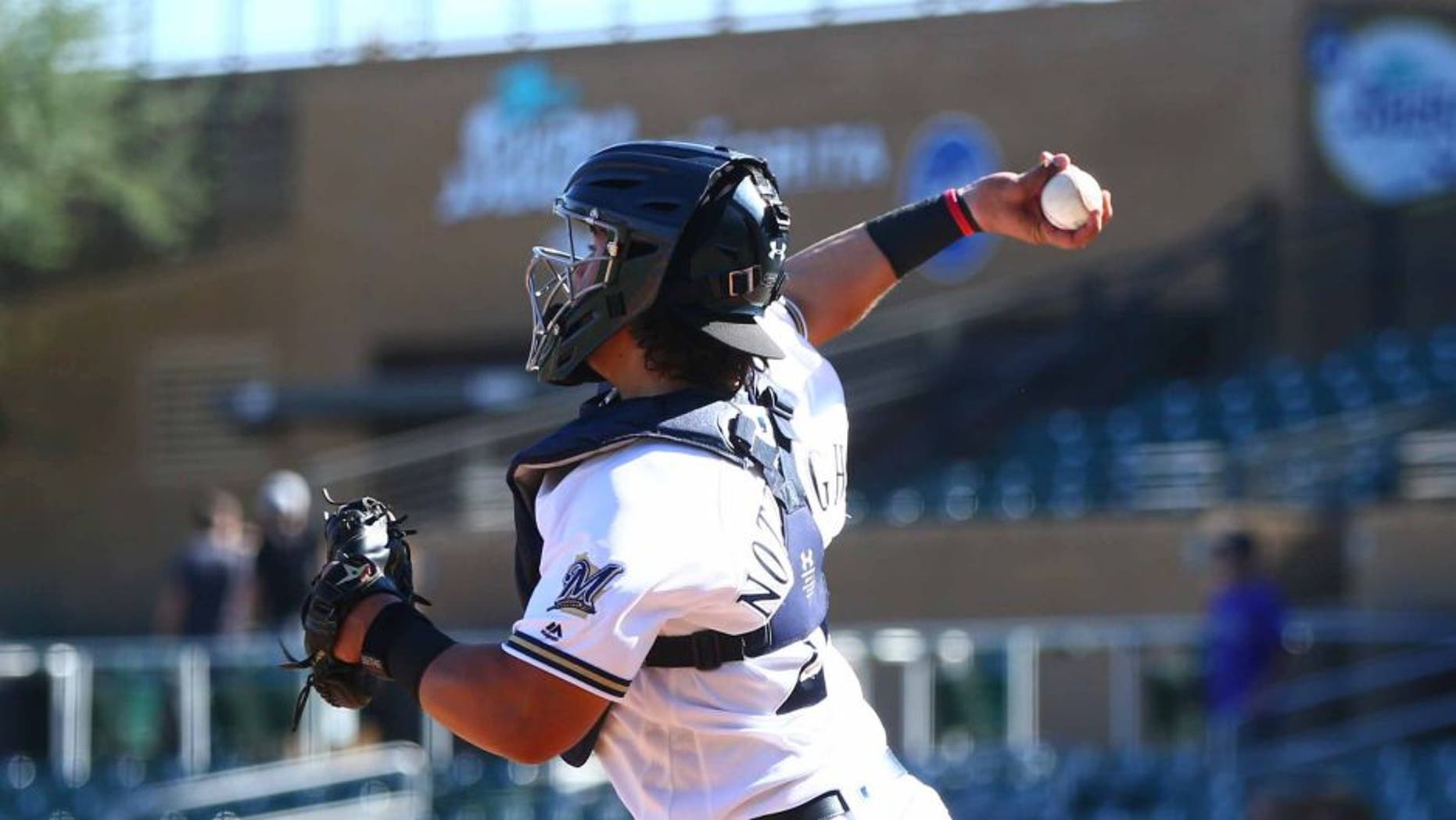 Nov 2, 2016; Scottsdale, AZ, USA; Salt River Rafters catcher Jacob Nottingham of the Milwaukee Brewers against the Scottsdale Scorpions during an Arizona Fall League game at Salt River Fields at Talking Stick. Mandatory Credit: Mark J. Rebilas-USA TODAY Sports