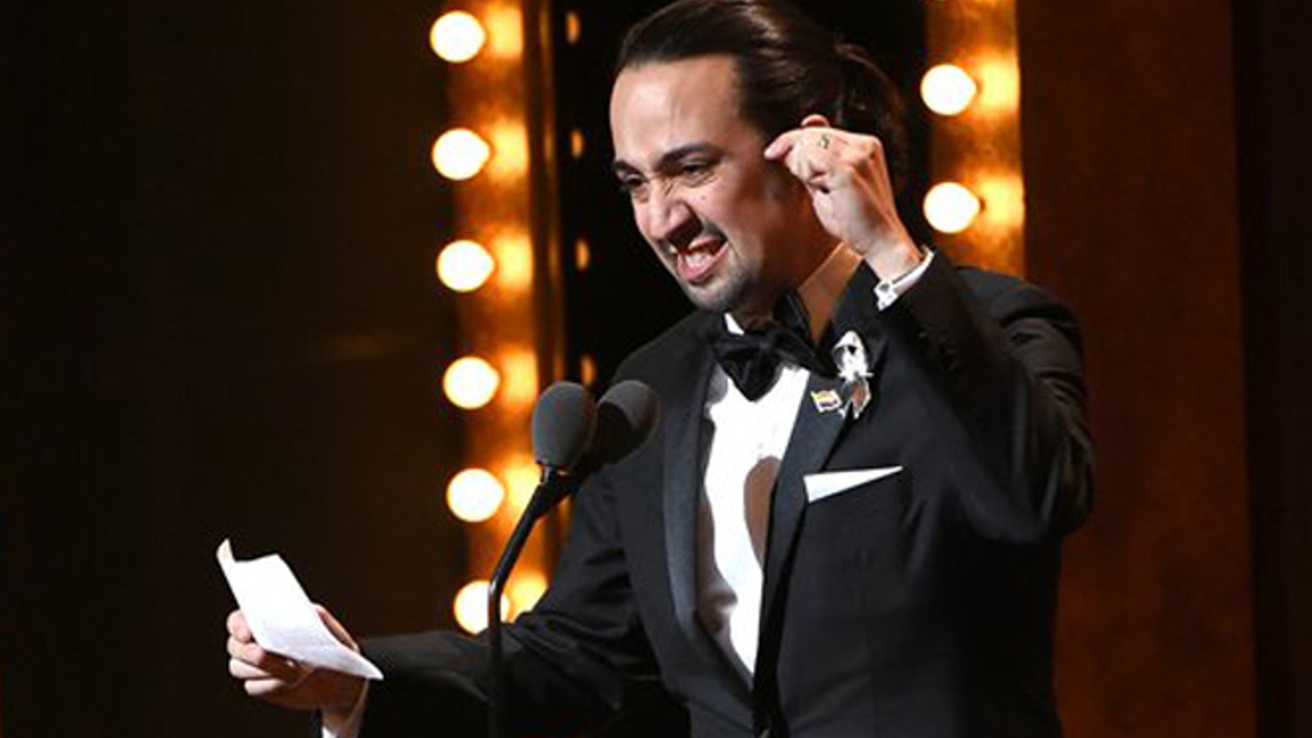 Lin-Manuel Miranda accepts the award for best original score for "Hamilton" at the Tony Awards at the Beacon Theatre on Sunday, June 12, 2016, in New York. (Photo by Evan Agostini/Invision/AP)