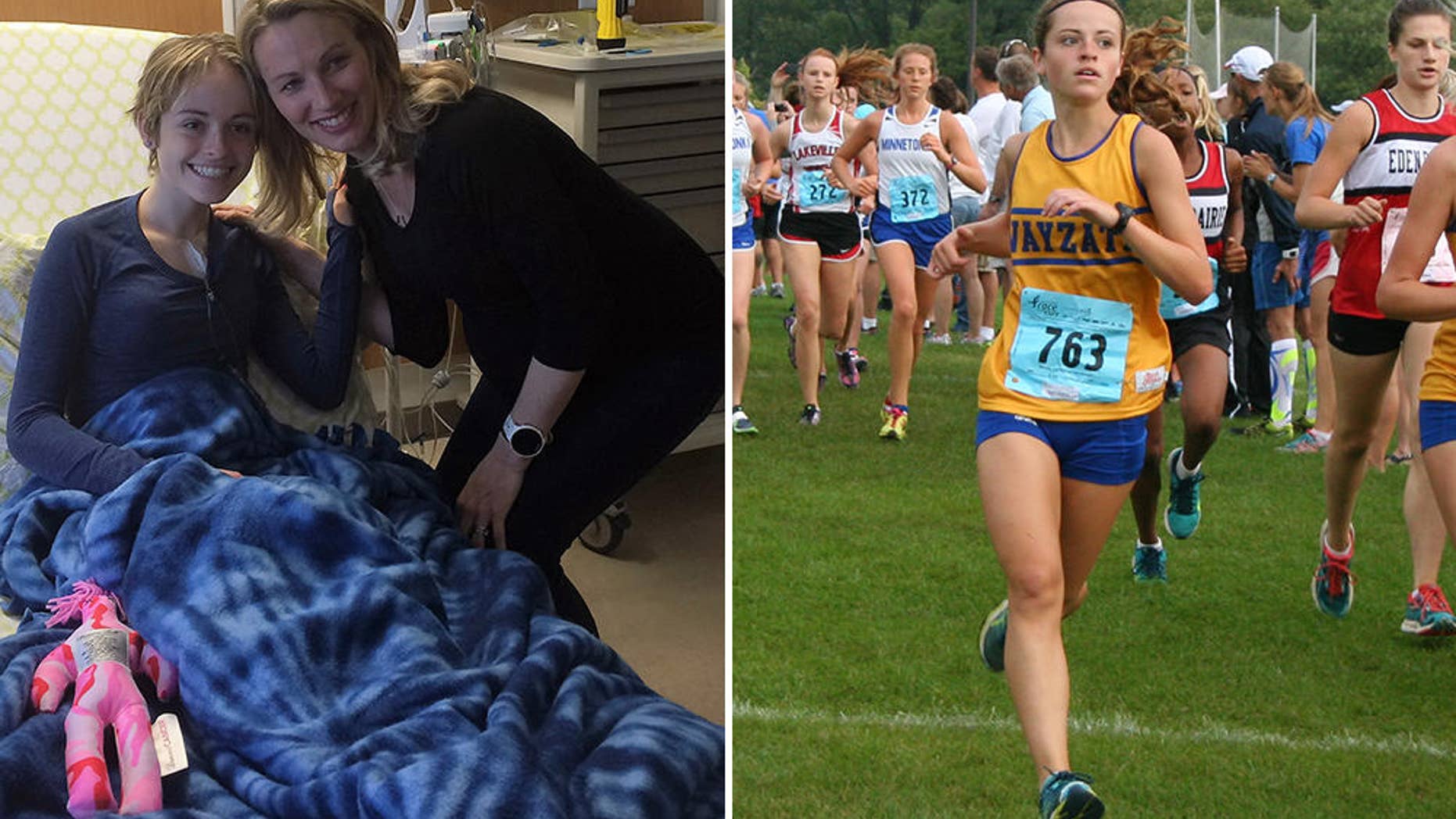 Left: U.S. Olympian Carrie Tollefson recently visited Miranda Mead in the hospital while she was receiving chemotherapy to treat Ewing's sarcoma. Right: Mead races for Wayzata High School. PHOTOGRAPH BY JULIE MEAD