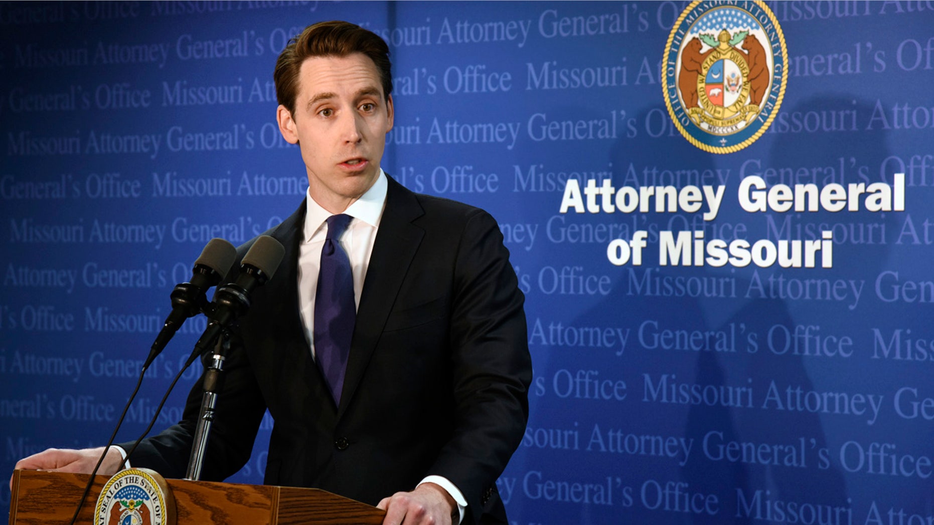 Missouri Attorney General Josh Hawley addresses reporters in Jefferson City Tuesday.