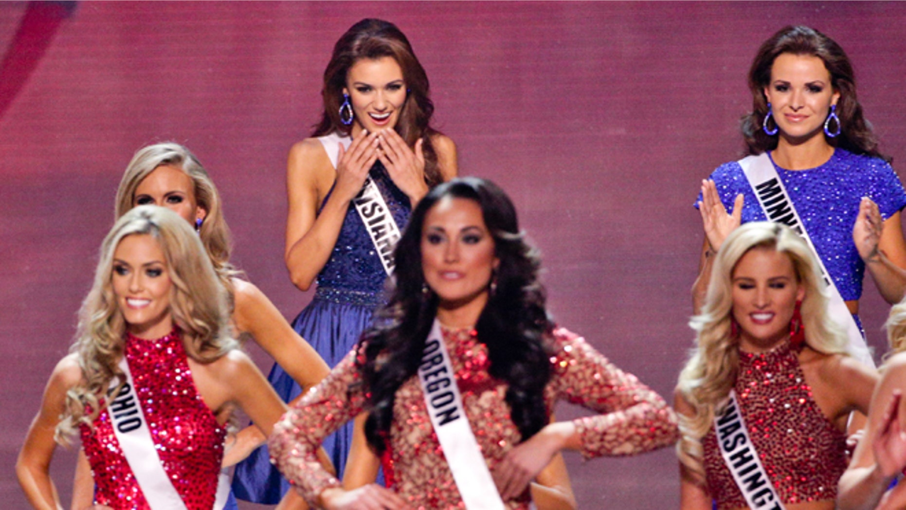 July 12, 2015: Miss Louisiana Candice Marie Bennatt reacts after making the top fifteen during the 2015 Miss USA pageant in Baton Rouge, La.
