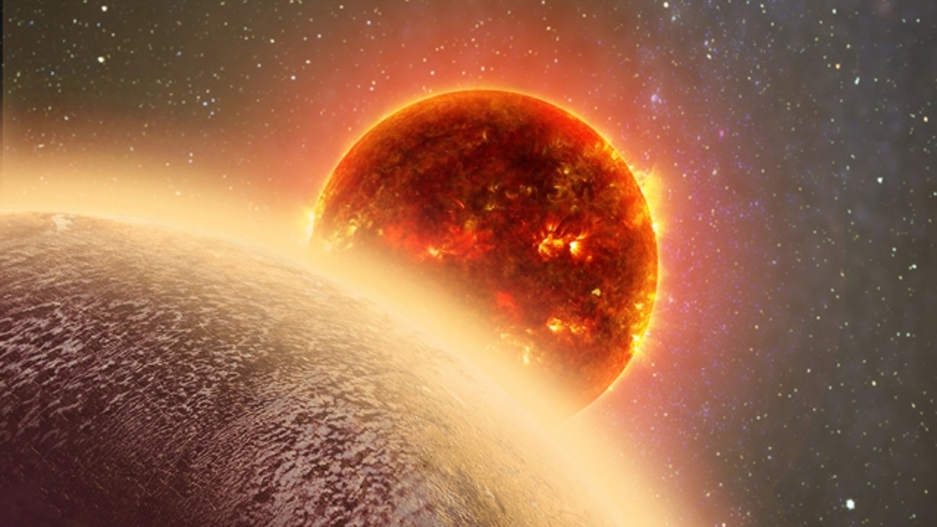 In this artist's rendering of GJ 1132b, a rocky exoplanet very similar to Earth in size and mass, circles a red dwarf star. GJ 1132b is relatively cool (about 450 degrees F) and could potentially host an atmosphere. At a distance of only 39 light-years, it will be a prime target for additional study with Hubble and future observatories like the Giant Magellan Telescope. (Dana Berry)