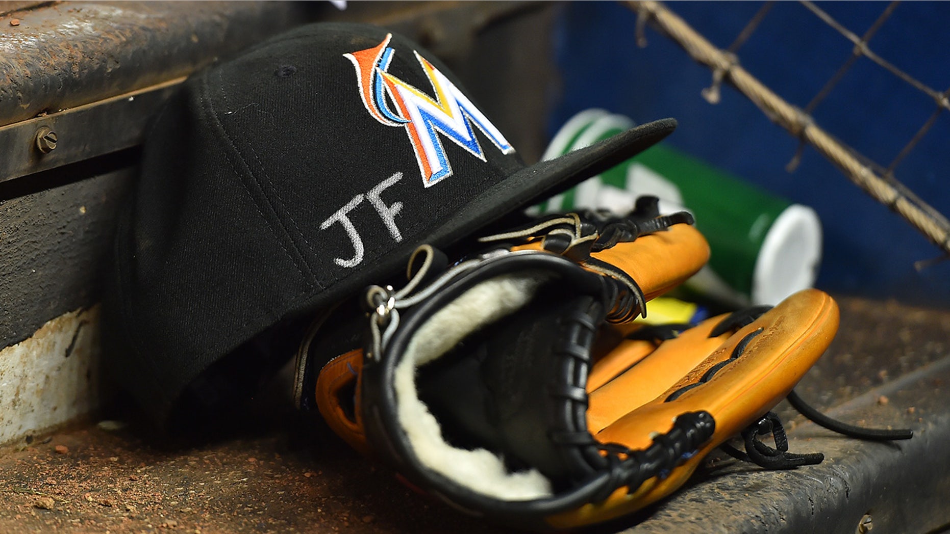 Sept. 27, 2016: A memorial for Jose Fernandez sits on the steps of the dugout in the game against the New York Mets at Marlins Park.