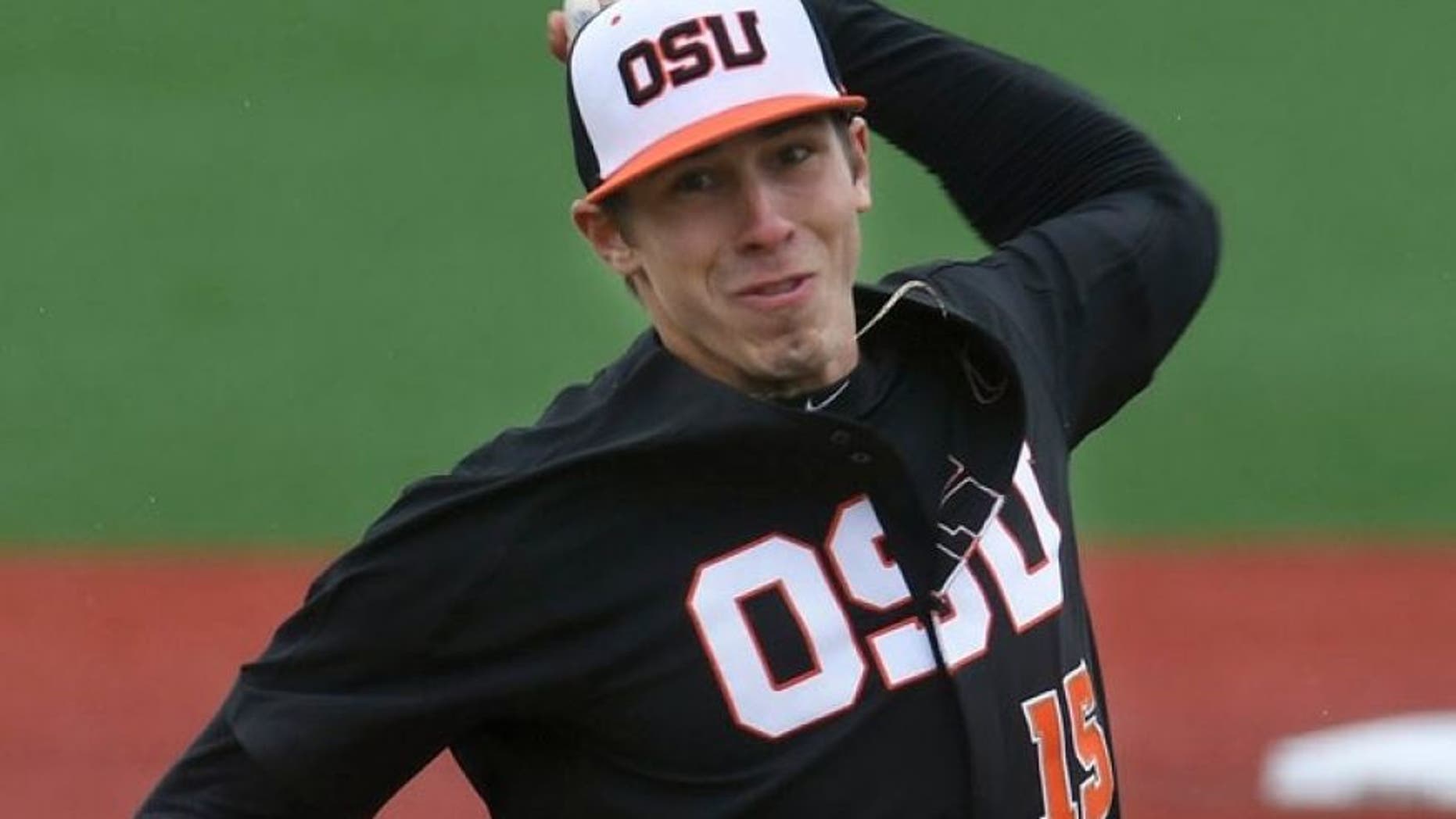 Oregon State pitcher Luke Heimlich throws during an NCAA college baseball game against UC Davis in Corvallis, Ore.