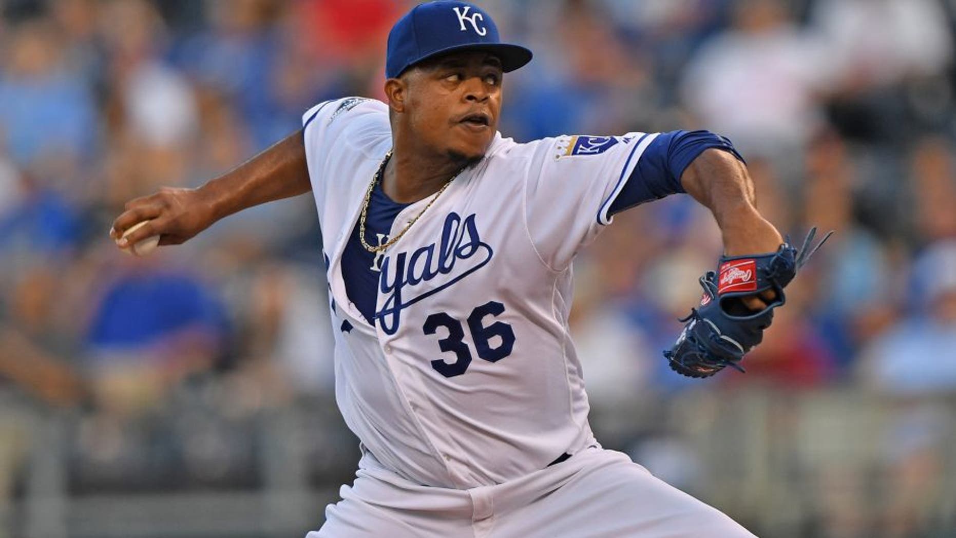 Sep 15, 2016; Kansas City, MO, USA; Kansas City Royals pitcher Edinson Volquez (36) delivers a pitch against the Oakland Athletics during the second inning at Kauffman Stadium. Mandatory Credit: Peter G. Aiken-USA TODAY Sports