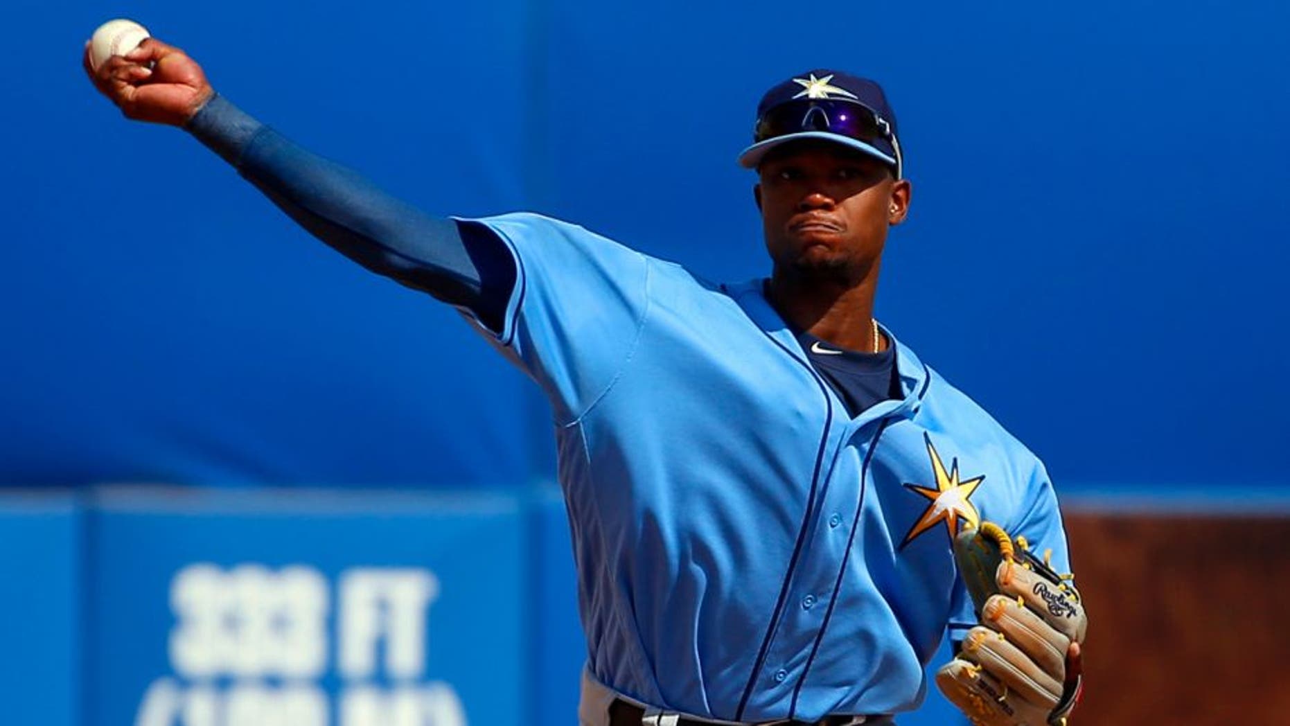 Mar 5, 2017; Dunedin, FL, USA; Tampa Bay Rays shortstop Tim Beckham (1) throws to first for the out in the fifth inning of a baseball game against the Toronto Blue Jays during spring training at Florida Auto Exchange Stadium. Mandatory Credit: Butch Dill-USA TODAY Sports