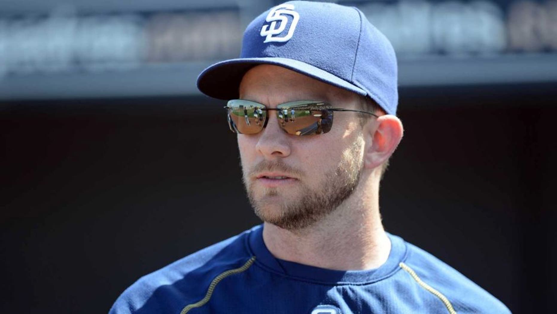 Mar 22, 2016; Peoria, AZ, USA; San Diego Padres manager Andy Green (14) looks on against the Texas Rangers at Peoria Sports Complex. Mandatory Credit: Joe Camporeale-USA TODAY Sports