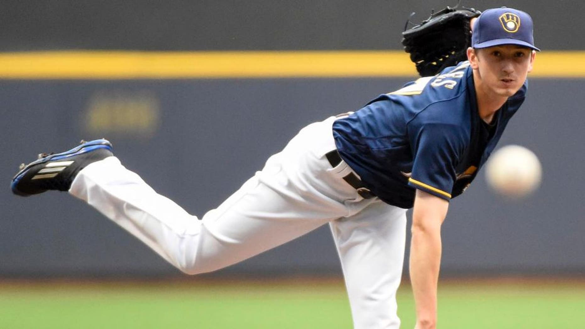 Aug 29, 2016; Milwaukee, WI, USA; Milwaukee Brewers pitcher Zach Davies throws a pitch in the first inning during the game against the St. Louis Cardinals at Miller Park. Mandatory Credit: Benny Sieu-USA TODAY Sports