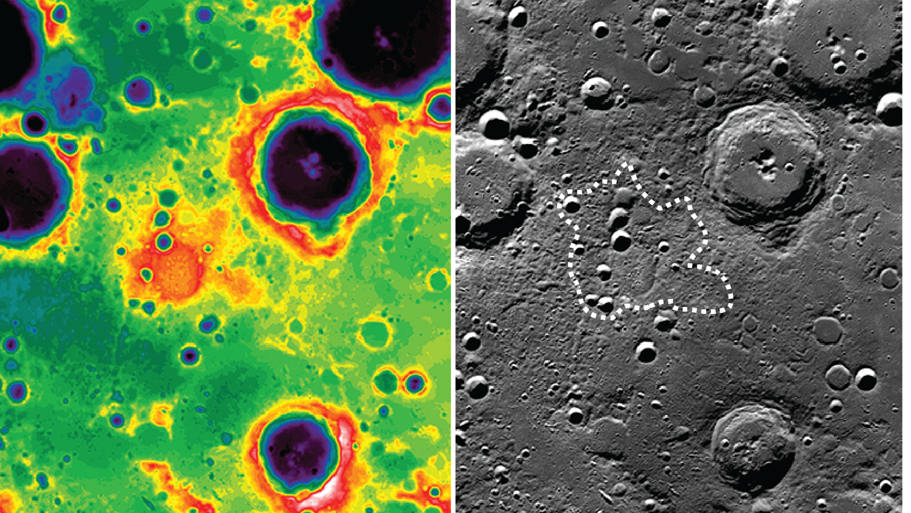 The image on the right is the South Pole-Aitken basin taken by the Lunar Reconnaissance Orbiter’s Wide Angle Camera. (Credit: NASA/Goddard/Arizona State University). The image on the left is from the Lunar Orbiter Laser Altimeter. Mafic Mound is the reddish splotch in the middle. (NASA/Goddard/MIT/Brown University)