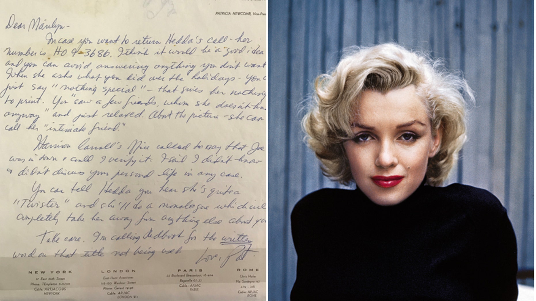 The letter from Monroe's personal secretary and press agent Pat Newcomb/Portrait of the actress as she poses on the patio outside of her home, Hollywood, California, May 1953. (Henry Aldridge & Son/Alfred Eisenstaedt/Time & Life Pictures/Getty Images)