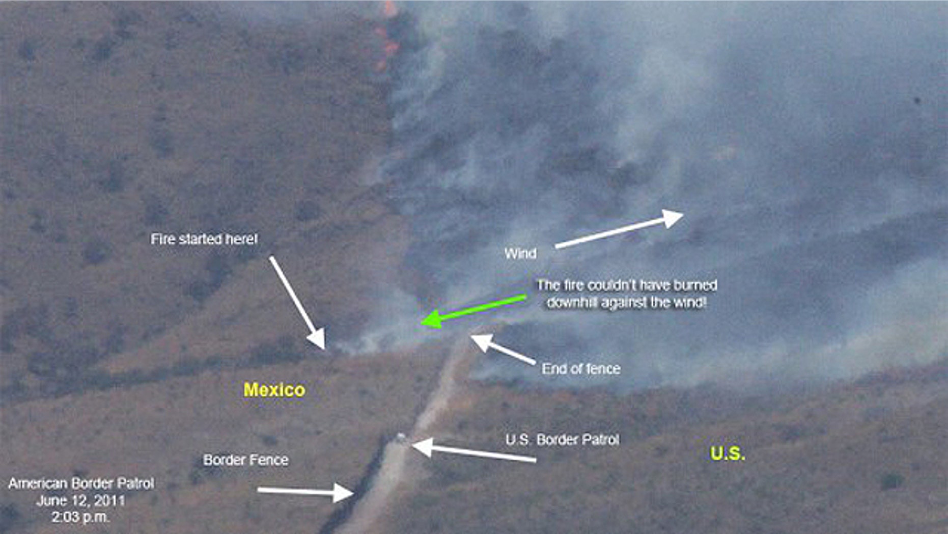 An aerial photograph purportedly taken on June 12 of the area by American Border Patrol, an independent organization that monitors the border, claims the blaze actually started in Mexico and traveled upwind into the United States. Dever said that was an "accurate picture" of what occurred.