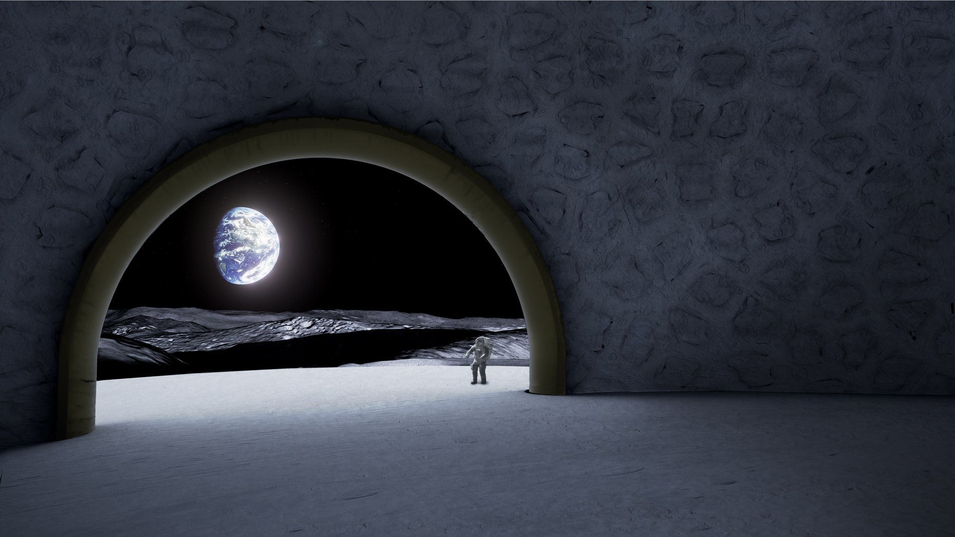 View of Earth from inside the moon temple. (Earth is upside-down because the moon temple would be located at the lunar south pole.)