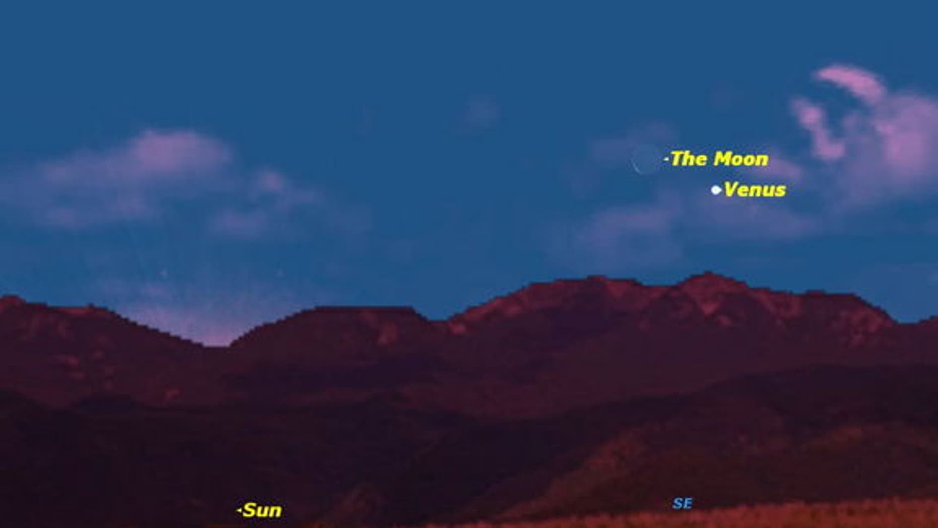 At sunrise on Thursday January 10, this will be the naked-eye view of the moon and Venus, low in the southeastern sky.