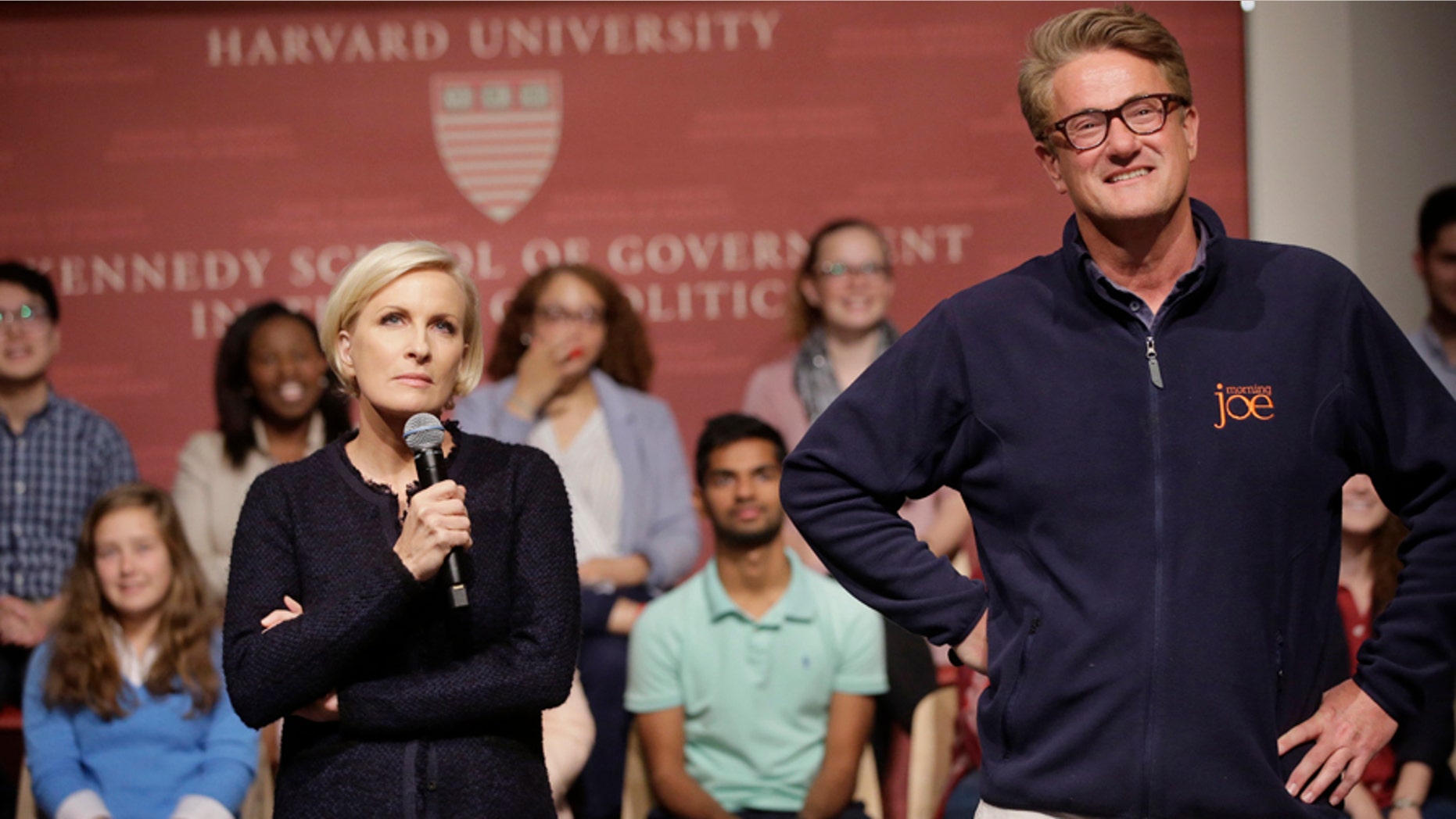 MSNBC television anchors Mika Brzezinski, left, and Joe Scarborough, right, co-hosts of the show "Morning Joe," take questions from an audience, Wednesday, Oct. 11, 2017, at a forum called Harvard Students Speak Up: A Town Hall on Politics and Public Service, at the John F. Kennedy School of Government, on the campus of Harvard University, in Cambridge, Mass. (AP Photo/Steven Senne)