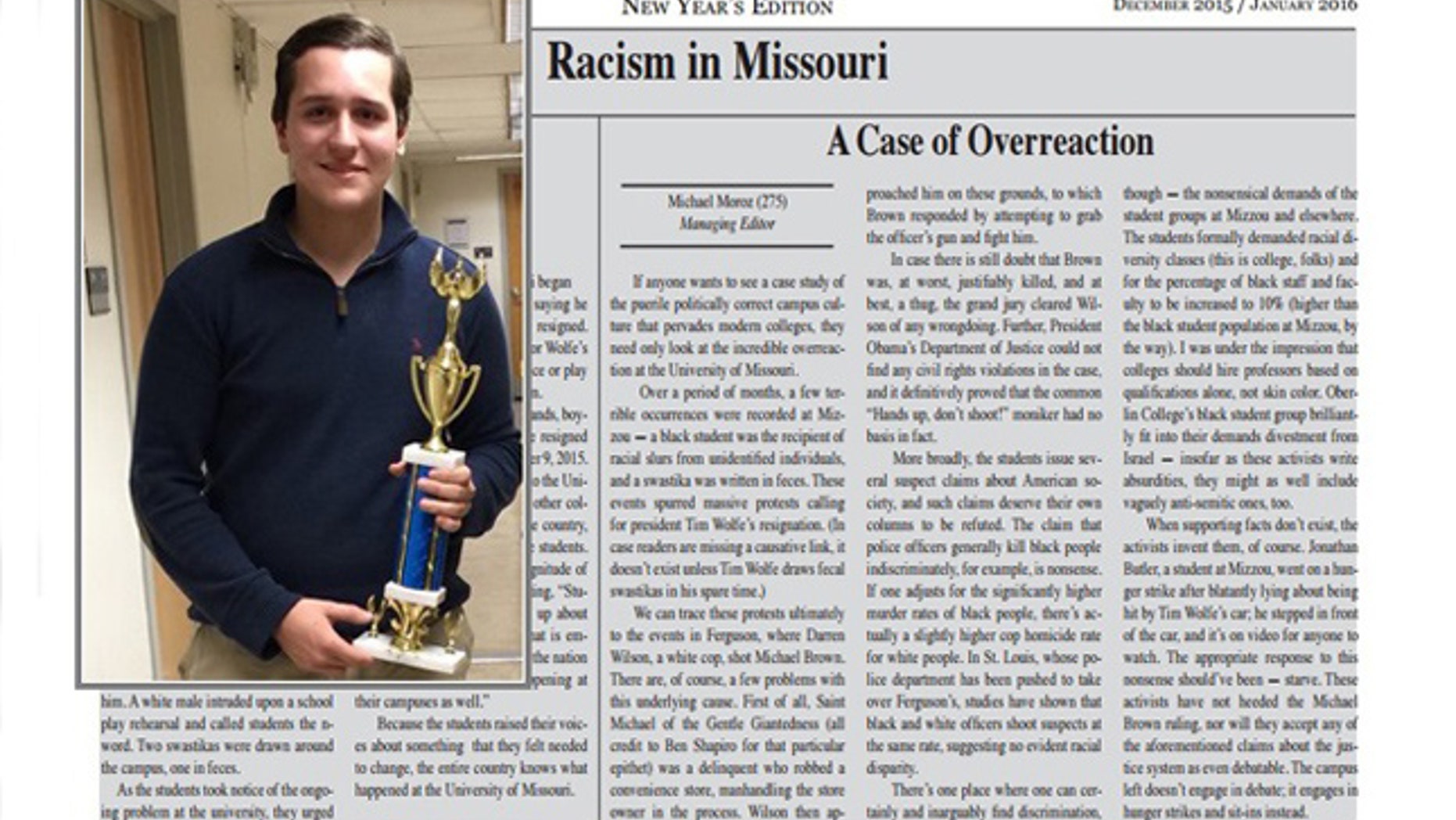 Central High School student Michael Moroz was forced into home school after he received threats for a column he wrote for the school newspaper.