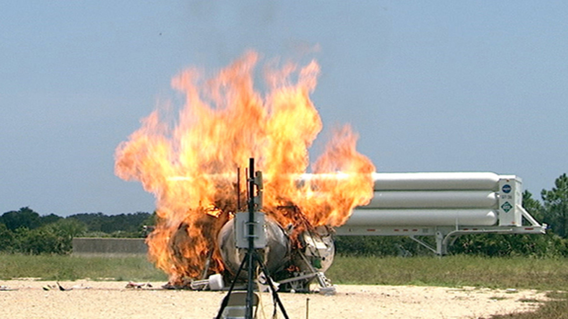 NASA's Morpheus lander prototype in flames during a failed free flight test at the Kennedy Space Center in Cape Canaveral, Fla., on Aug. 9, 2012.