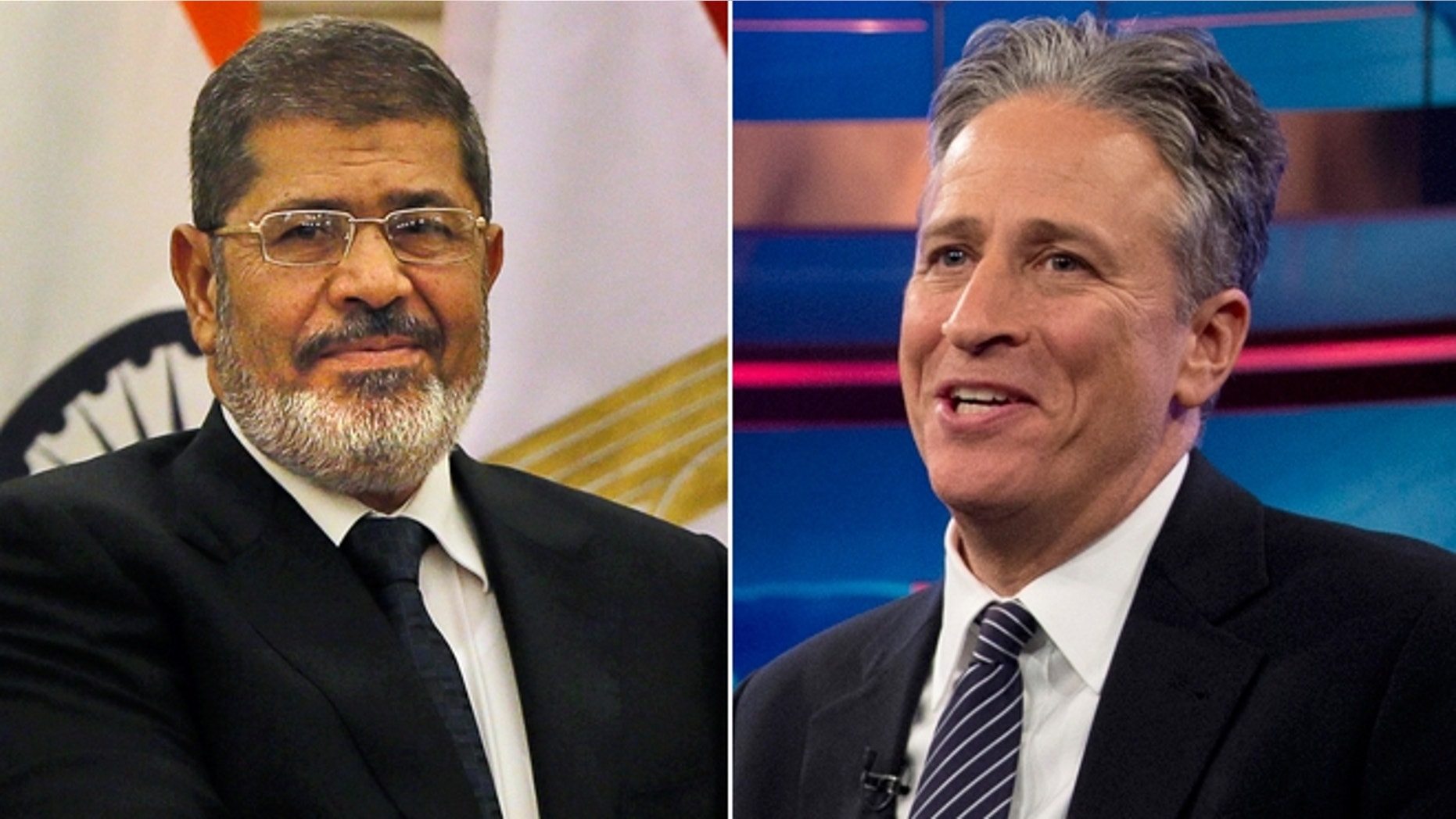 Shown here are Egyptian President Mohammed Morsi, left, and comedian Jon Stewart.