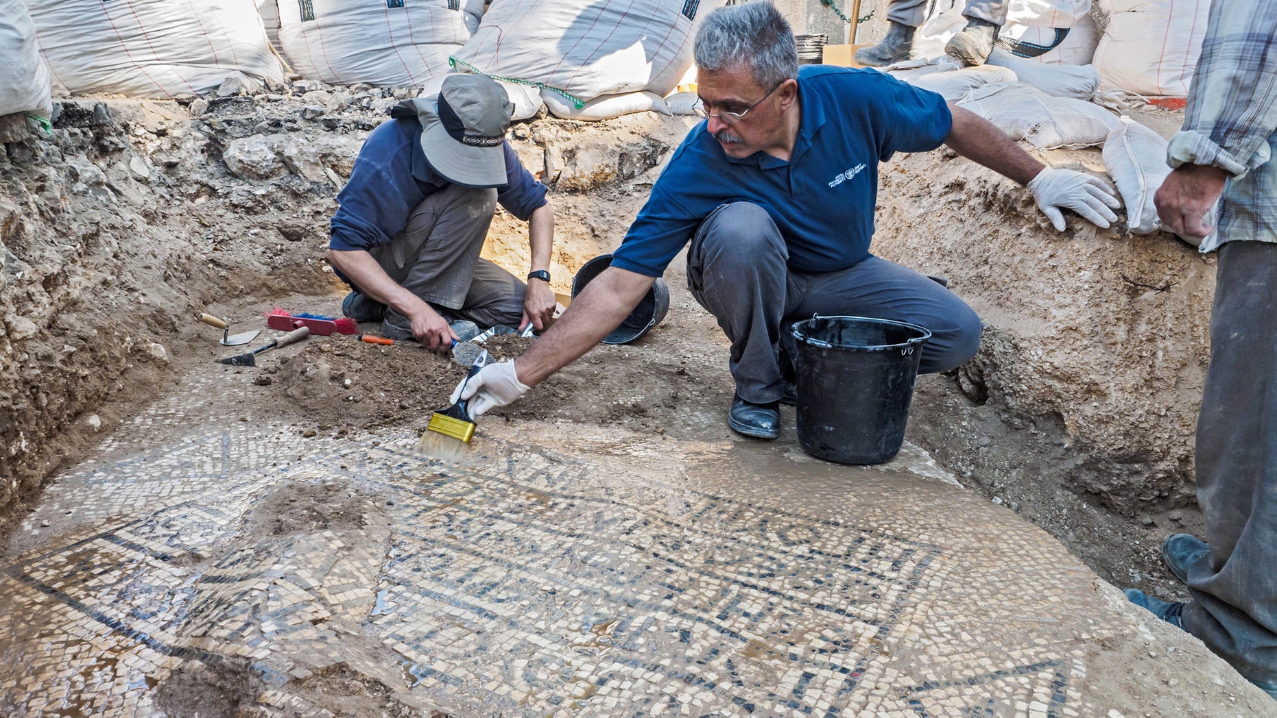 The excavation of the mosaic near the Damascus gate in the Old City of Jerusalem. (Photo credit: Assaf Peretz, Israel Antiquities Authority)