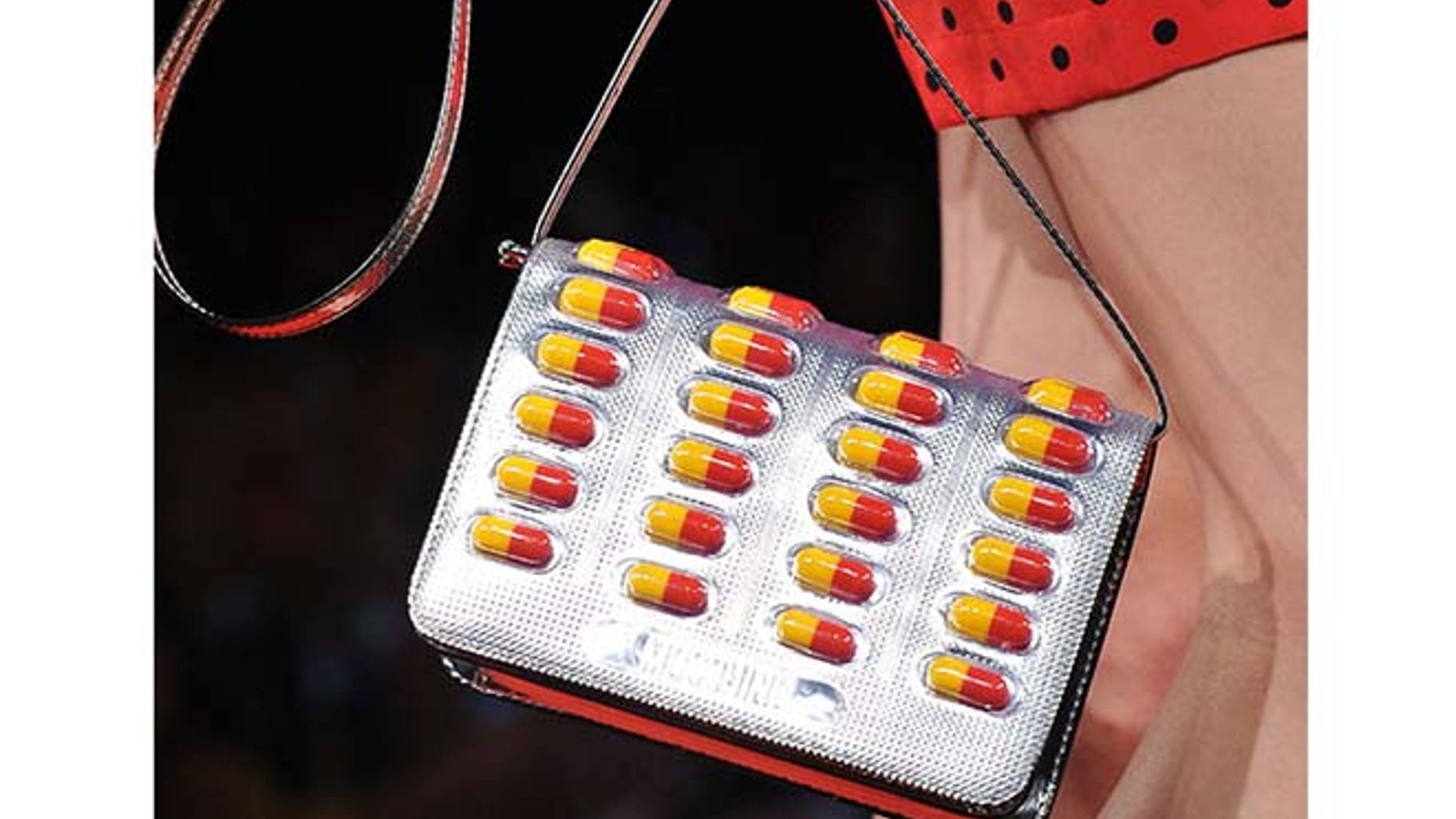 A Moschino pill-themed shoulder bag, which sells for $1,095.