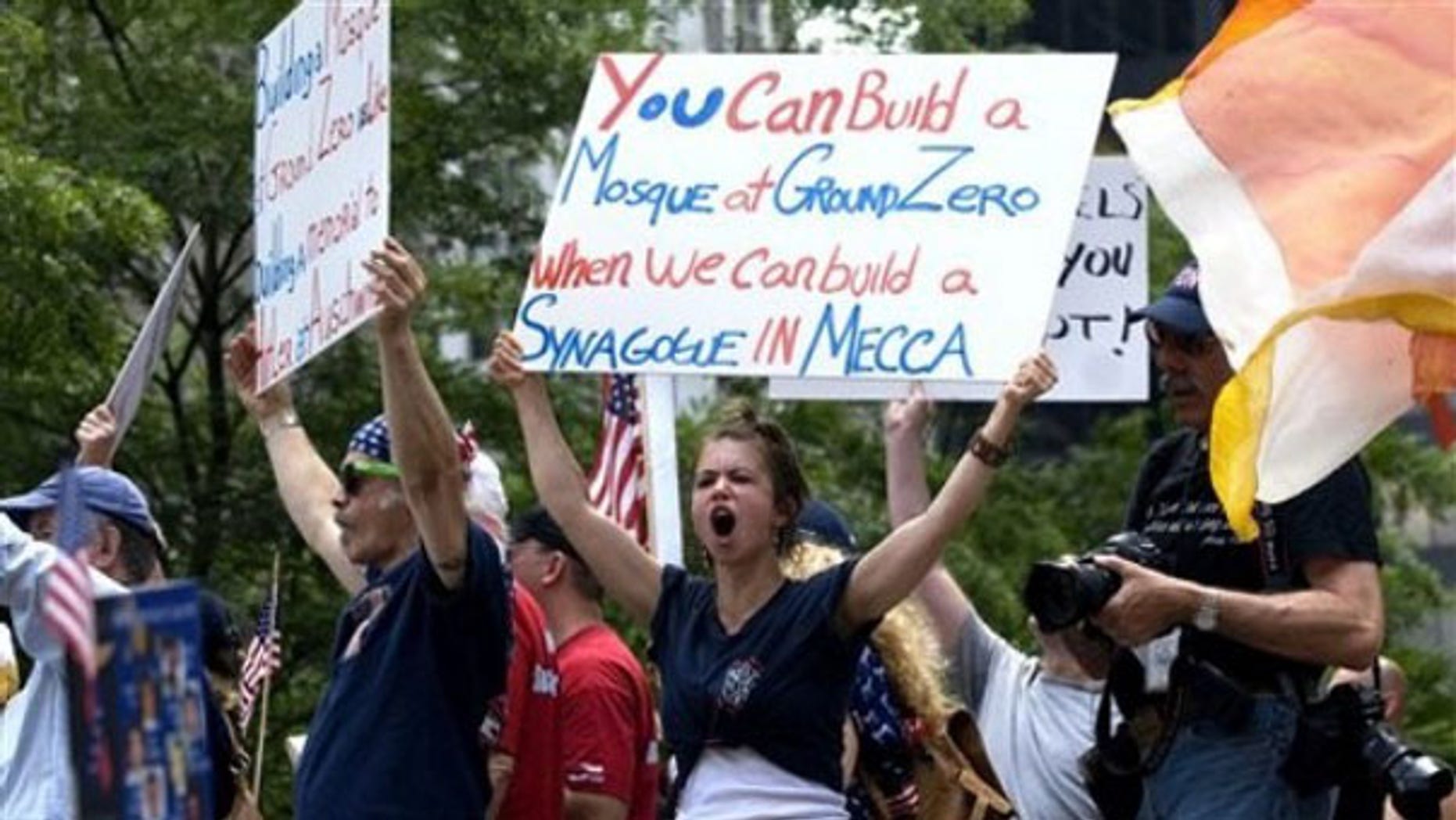June 6, 2010: People in New York protest the proposed construction of a mosque near the World Trade Center. (AP Photo)