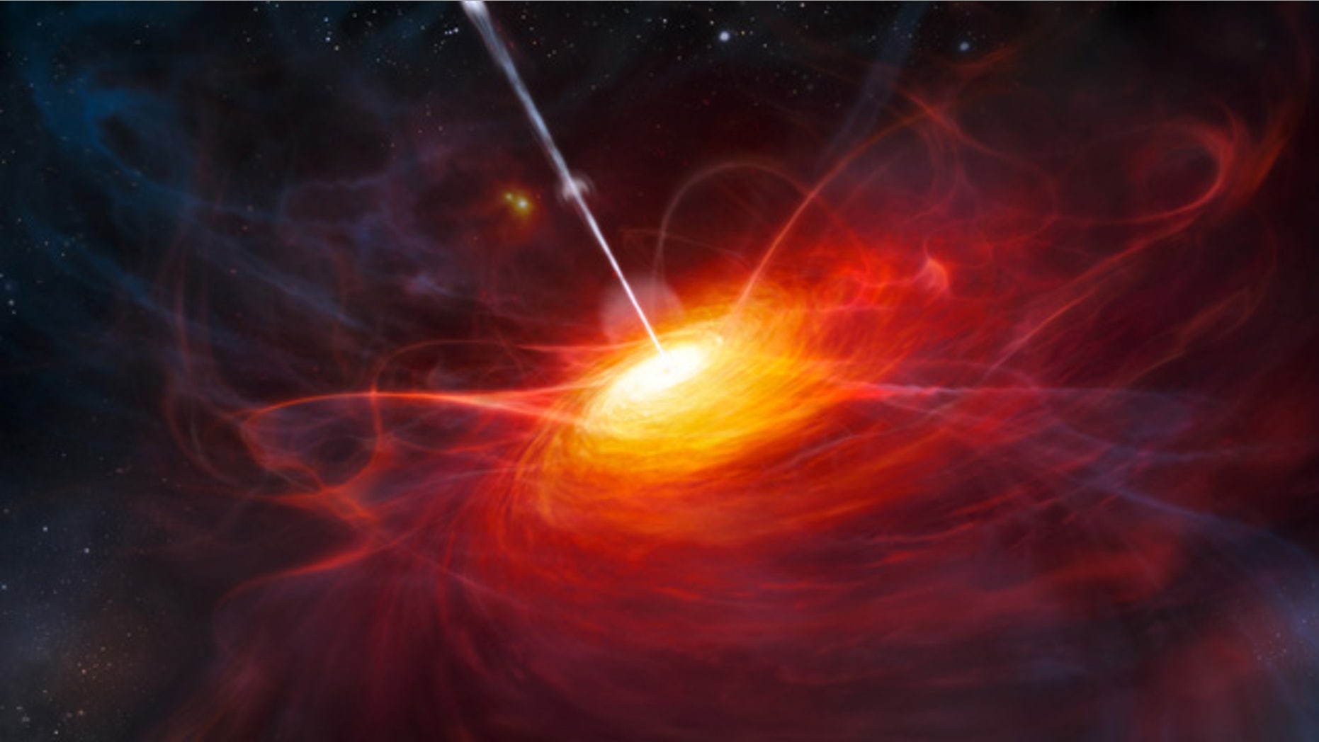 This artist's impression shows how ULAS J1120+0641, a very distant quasar powered by a black hole with a mass 2 billion times that of the sun, may have looked. This quasar is the most distant yet found and is also the brightest object yet discovered in the early universe.