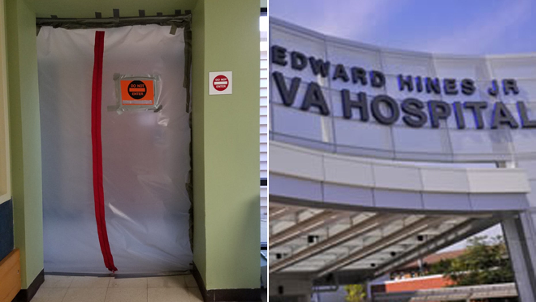 At left, an image of one of the mold-affected rooms at Edward Hines, Jr. VA Hospital.