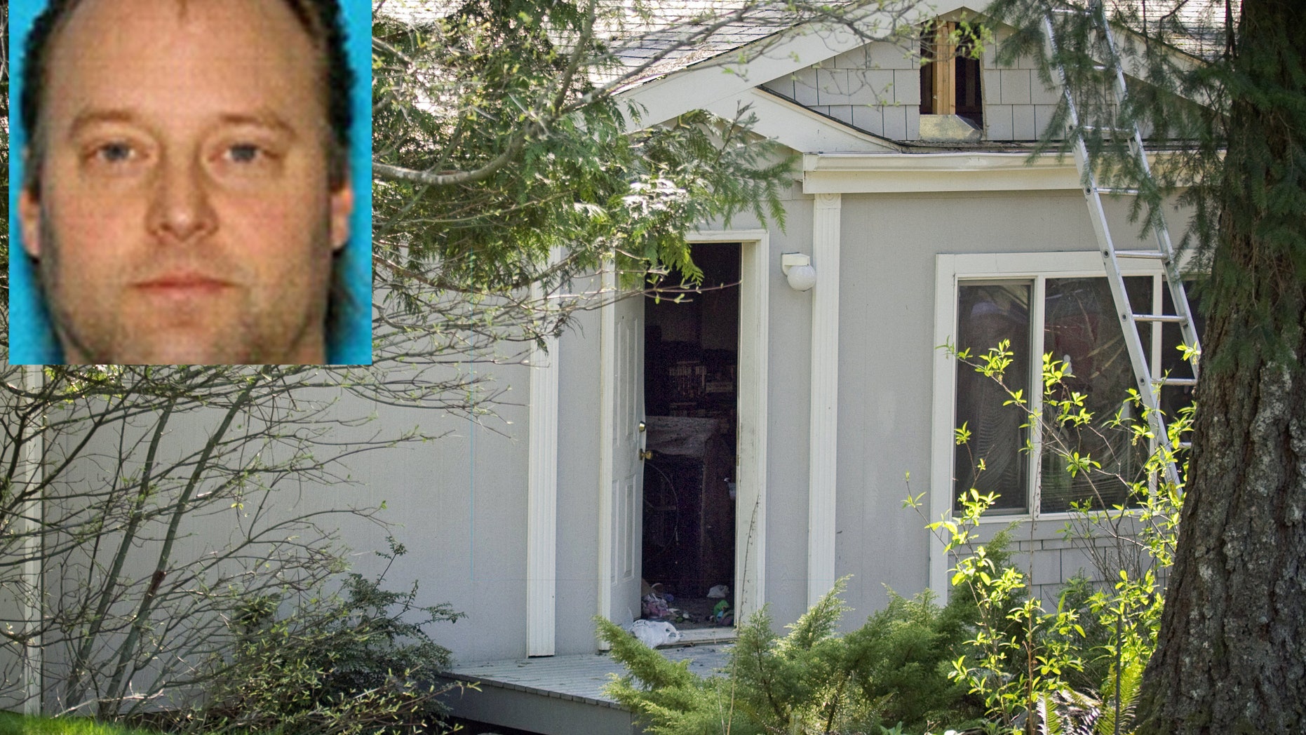 Authorities believe Peter Keller (inset) took to the woods of the Pacific Northwest after burning down his house and killing his wife and daughter.