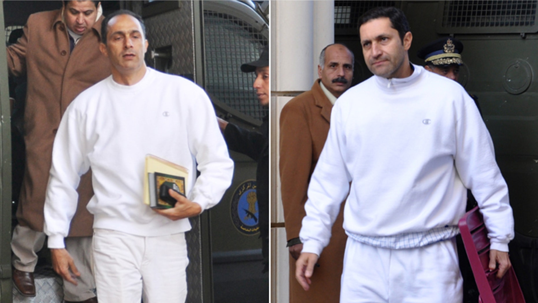 Jan. 24, 2012: FILE - Alaa Mubarak, right, and Gamal Mubarak, left, sons of former Egyptian president Hosni Mubarak, arrive at the court house in Cairo, Egypt.