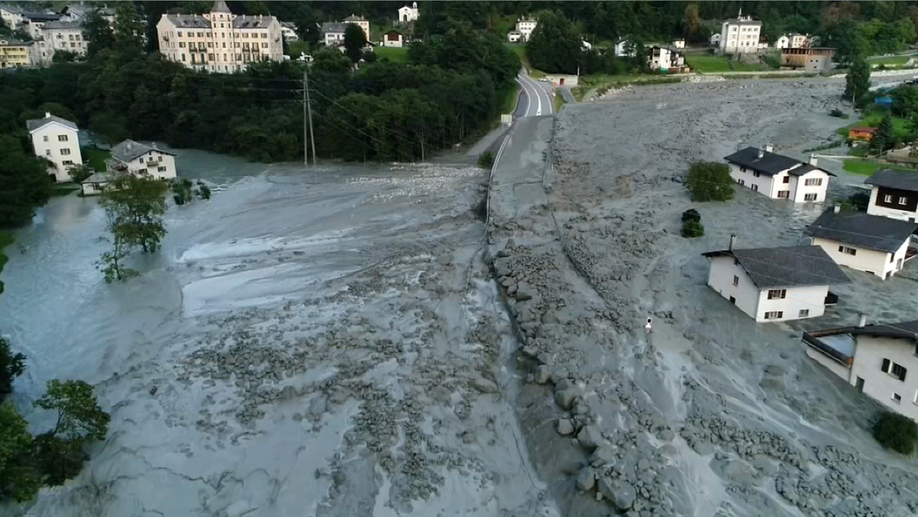Still image taken from video shows the remote village of Bondo in Switzerland, August 23, 2017 after a landslide struck it