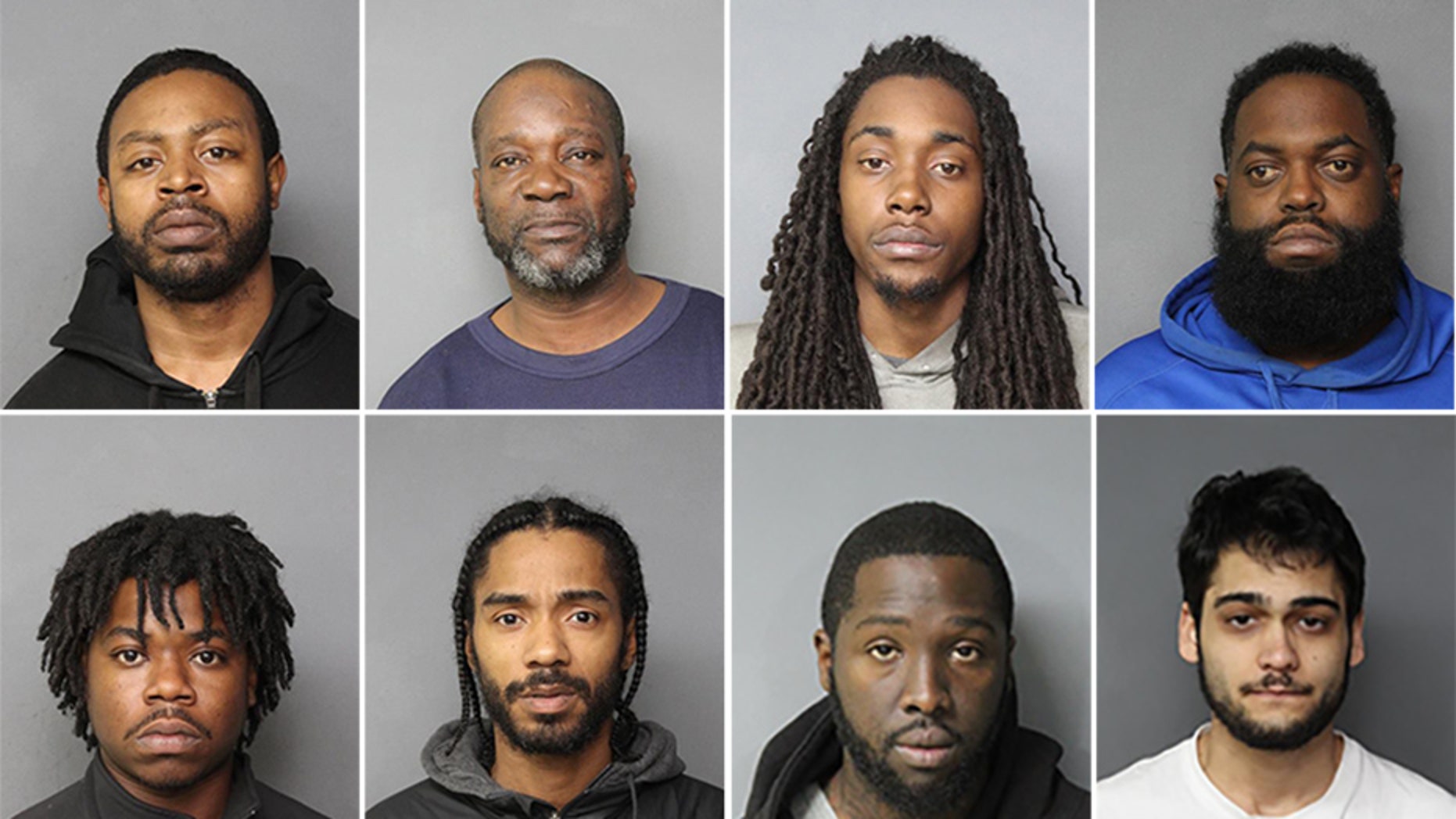 (Top, left to right) Maurice Adams, 29; Kim Foster, 51; Dequen Bolden, 23; Carlos Gray, 43. (Bottom, left to right) Dion Dickens, 25; Cornell Hathaway, 29; Antonio Davis, 30; Kavin Bahrani, 21.