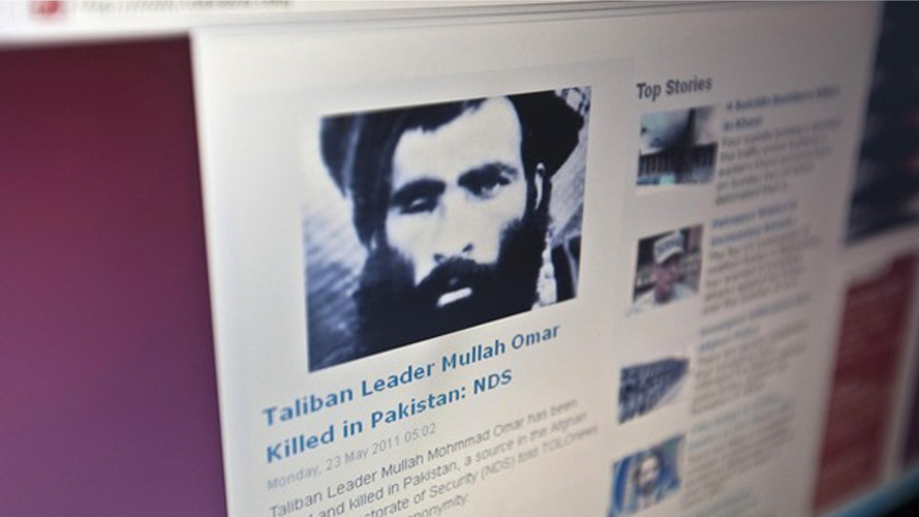 May 23: The Tolonews website runs a story on its front page reporting about news of the death of Taliban leader Mullah Mohammad Omar in Kabul.