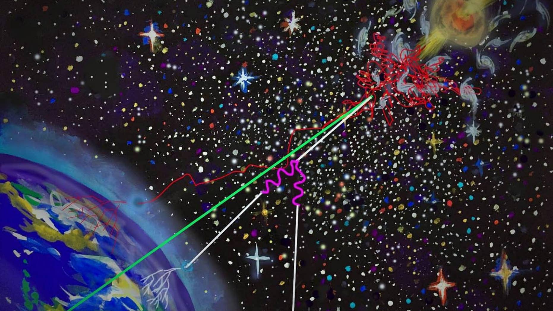 This artist's image reveals the "multimessenger" emission. As cosmic rays are accelerated by a supermassive black hole, the high-energy rays escaping are trapped in the environment around it. The high-energy neutrinos and gamma-rays are produced in the magnetized environment during their confinement and intergalactic space as they move through it. The three particles eventually reach Earth, where they can provide a unified picture.