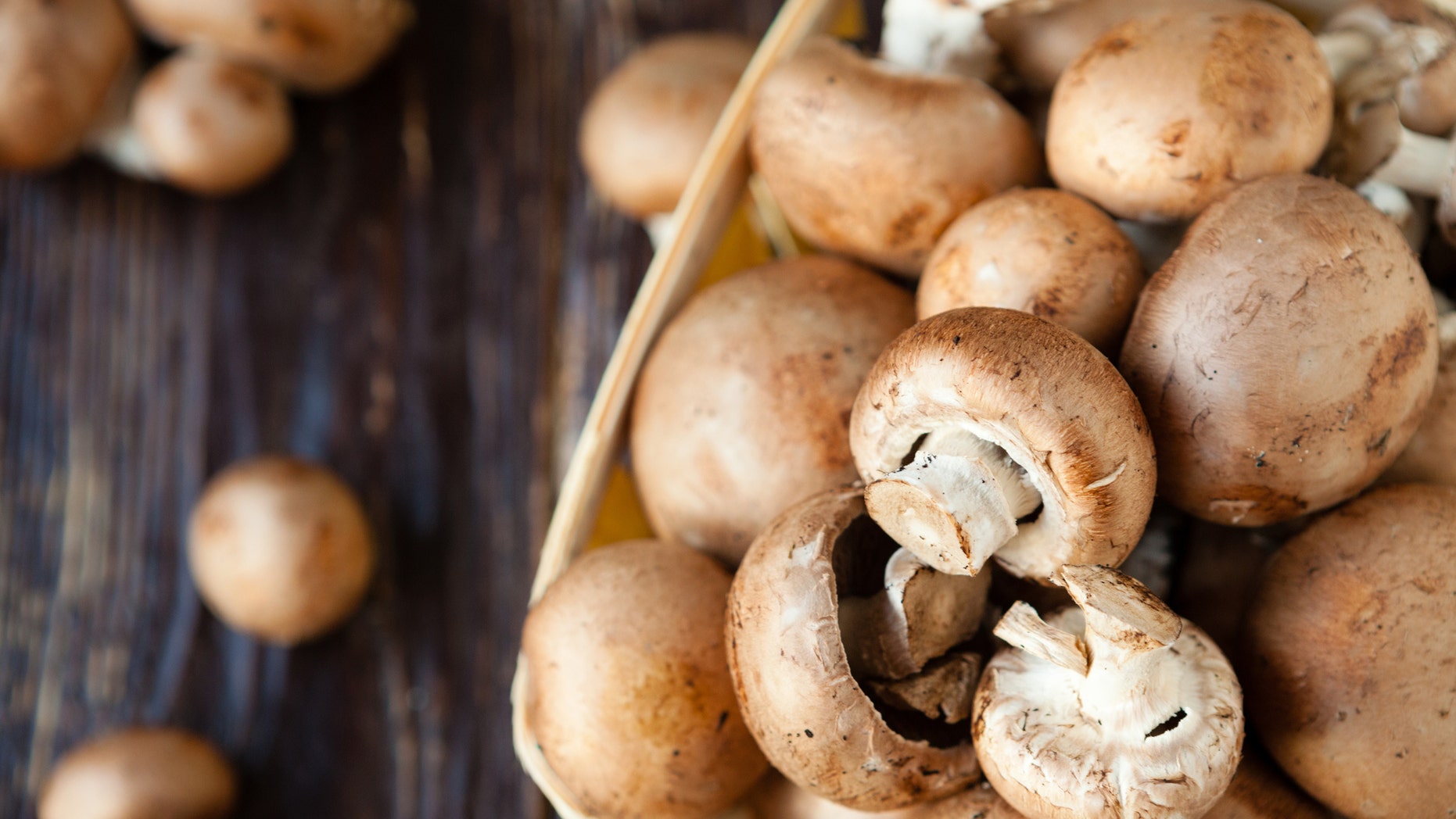 champignons in a basket on dark boards, food