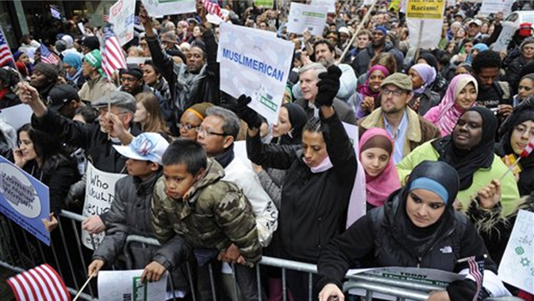 Protesters gather at the 'Today, I Am A Muslim, Too' rally to protest against a planned congressional hearing on the role of Muslims in homegrown terrorism March 6 in New York.