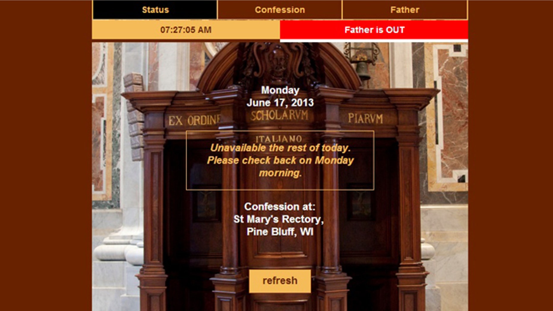 A screenshot of the website for the My Confessor app, where the faithful will be able to keep up digitally with when their local priest is hearing confession.
