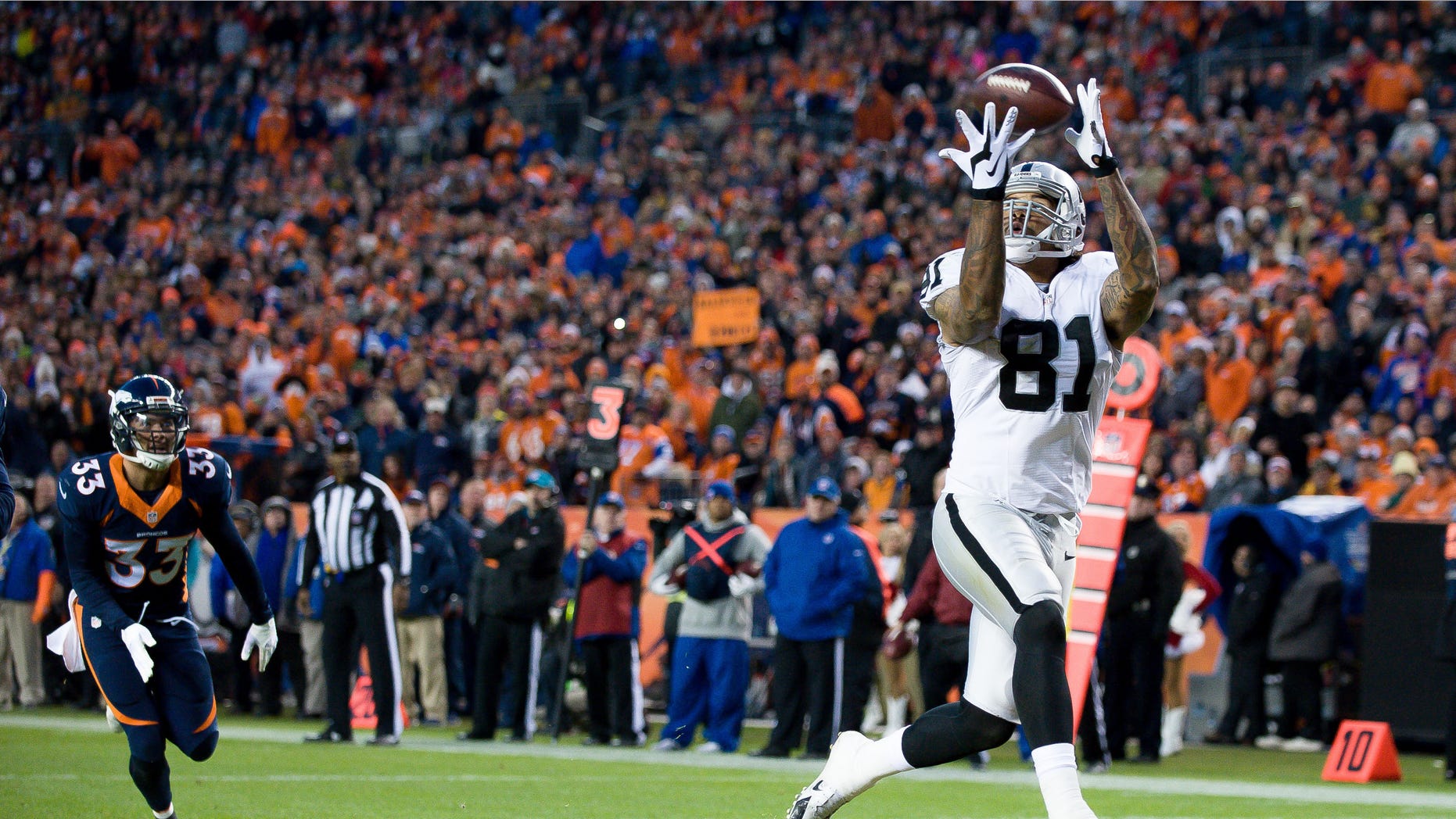 Tight end Mychal Rivera on December 13, 2015 in Denver, Colorado.
